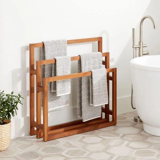 Premium Wooden Freestanding Multi-Tier Towel Rack Stand with Shelf - Bathroom, Bedroom, Gym & Kitchen Towel Holder - Space-Saving Storage Solution for Hand Towels, Bath Towels & Robes