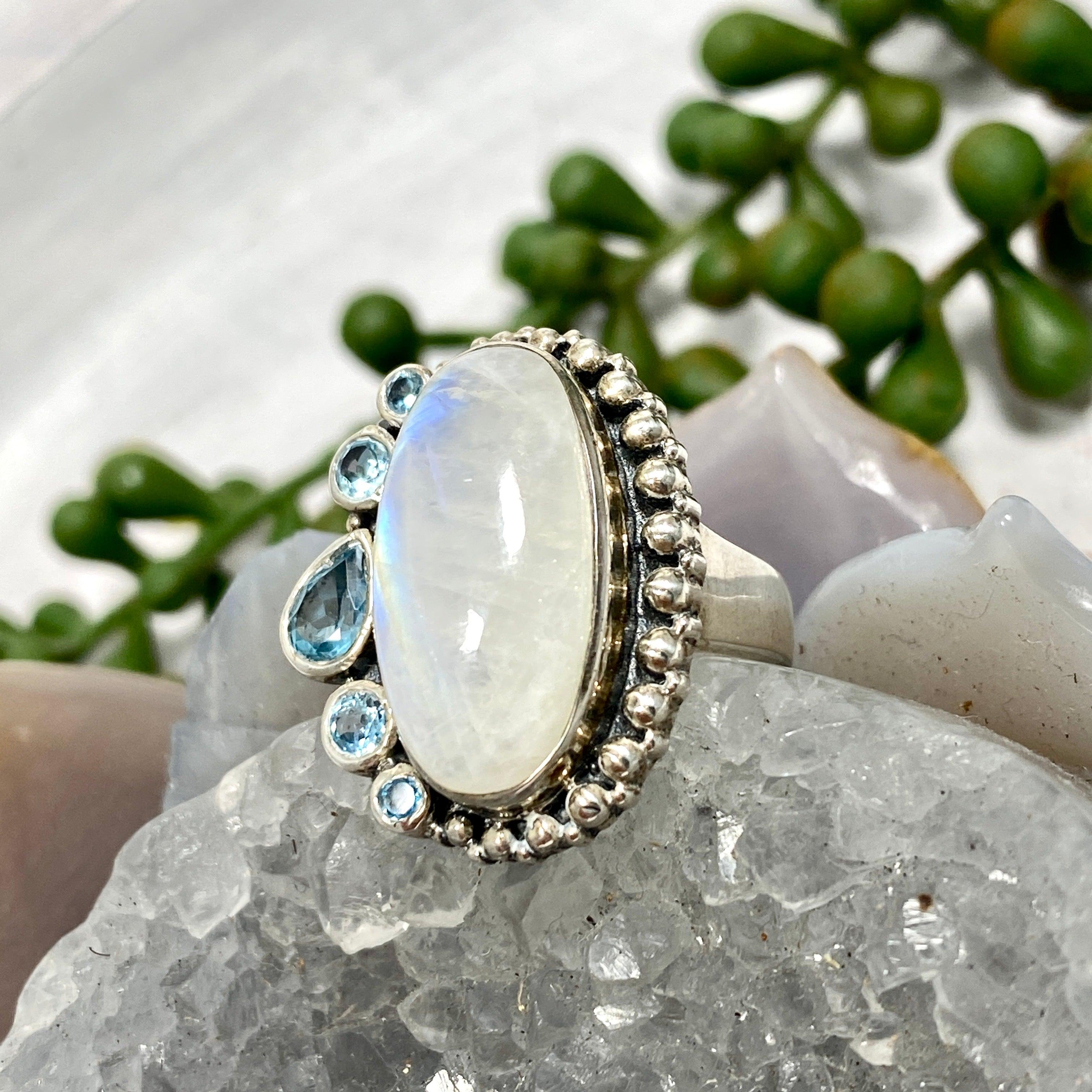 Moonstone and Blue Topaz Multi-Stone Ring - Size 7 - Elegant Handmade Jewelry for Women - Perfect for Weddings, Parties & Special Occasions