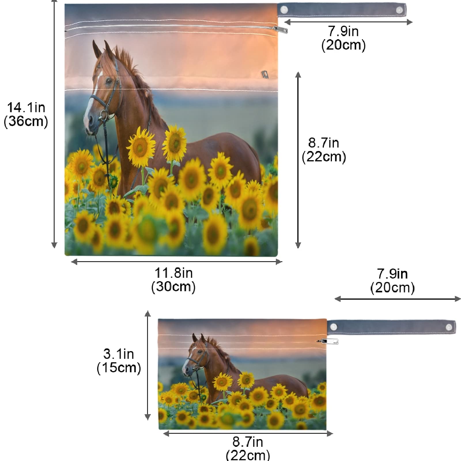 Visesunny Red Horse Sunflower 2Pcs Wet Bags with Zippered Pockets - Washable & Reusable Waterproof Storage for Travel, Beach, Pool, Daycare, Stroller, Diapers, Gym Clothes, Swimsuits & Toiletries - Perfect for Moms, Kids & Outdoor Activities