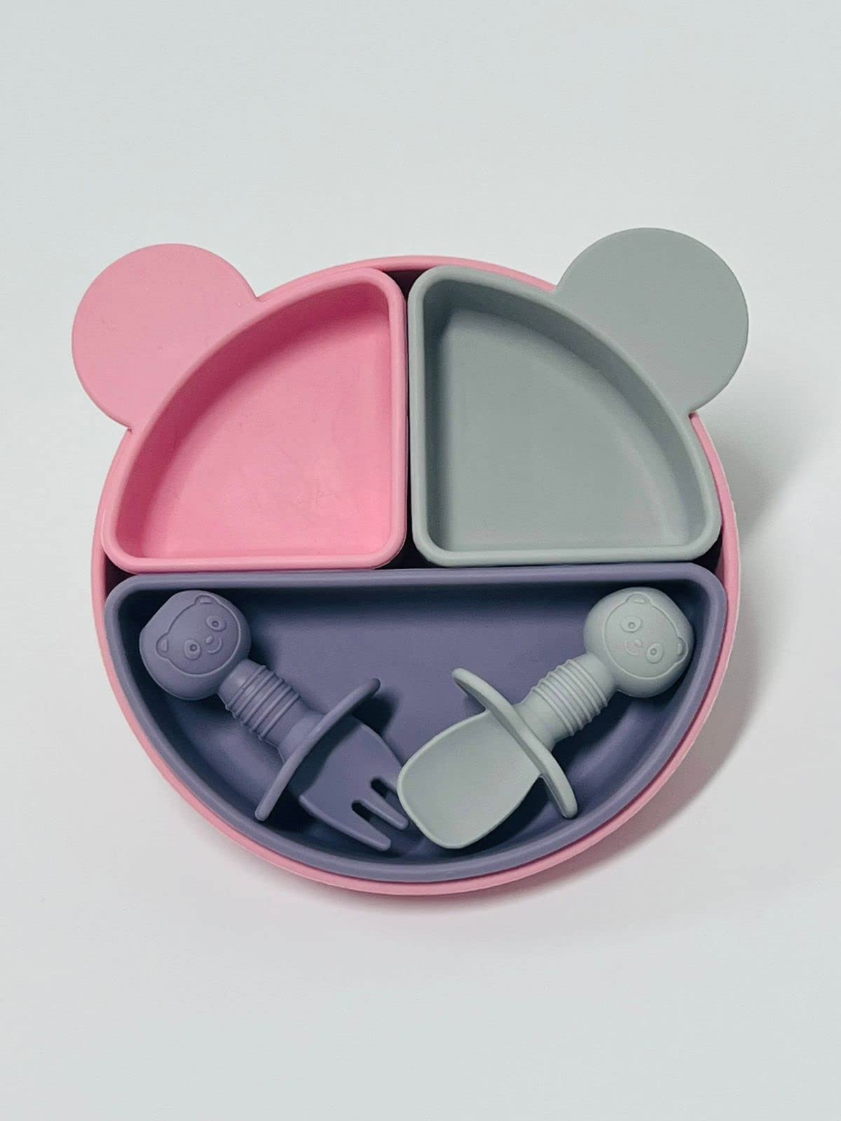 MIX COLOR SILICON BABY FEEDING SET - Baby Led Weaning Supplies, Toddler Eating Utensils, Soft Spoon & Bowl for Infants (Pink Grey Purple) - Perfect for Home, Travel & Daycare