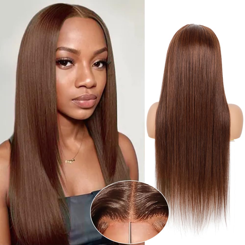 BLY Chocolate Brown Glueless Human Hair Wig - 28 Inch Straight Lace Front Wig with 4x4 HD Transparent Lace, Pre-Cut & Pre-Plucked, 180% Density, Wear & Go Ready (#4 Brown) - Perfect for Daily Wear, Parties, and Special Occasions