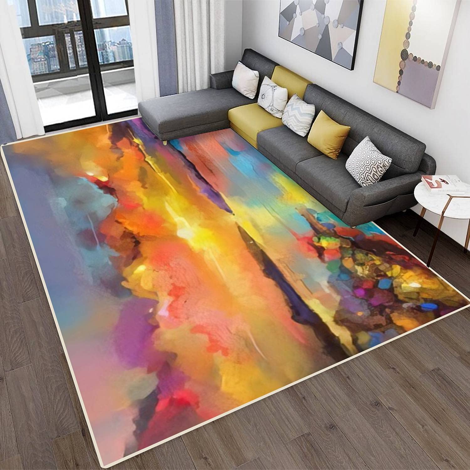 Modern Abstract Area Rugs - Colorful Oil Painting Canvas Texture Impressionist Design - Stain Resistant Rectangular Carpet Mat for Living Room, Bedroom, Kitchen & Bathroom - Perfect for Home Decor, Adds Artistic Flair to Any Space