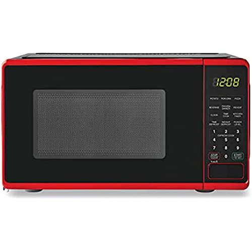 0.7 cu.ft Compact Tabletop Microwave Oven - Black & Red Colors - Perfect for Dorms, Small Kitchens & Office Break Rooms