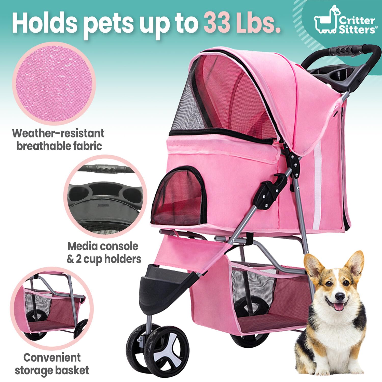 Critter Sitters 3-Wheel Jogging Dog Stroller - Lightweight Pet Stroller for Medium Dogs & Cats Up to 33lbs with Storage Basket & Cup Holders - Perfect for Running, Walking, Shopping & Outdoor Adventures (Pink)