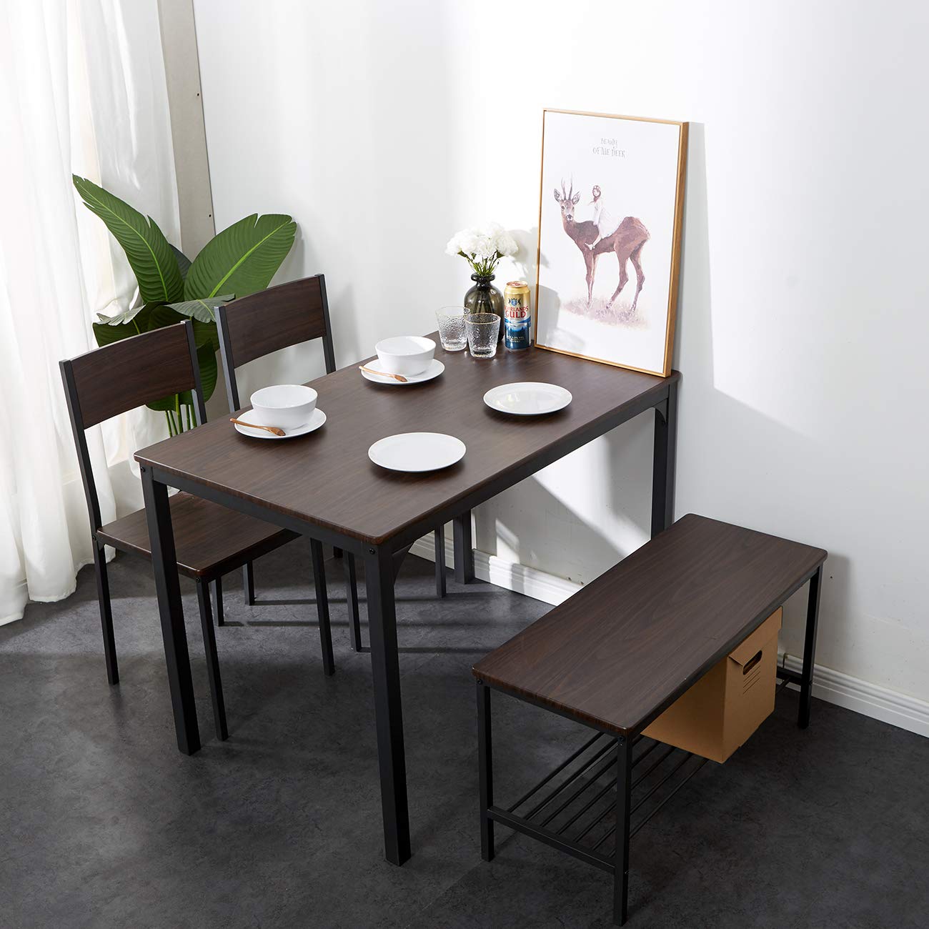 DLandHome 4-Piece Rustic Oak Dining Table Set with 2 Chairs & 2 Benches - Space-Saving Rectangular Kitchen Table for Small Homes & Apartments - Perfect for Family Dinners, Breakfast Nooks & Compact Dining Spaces