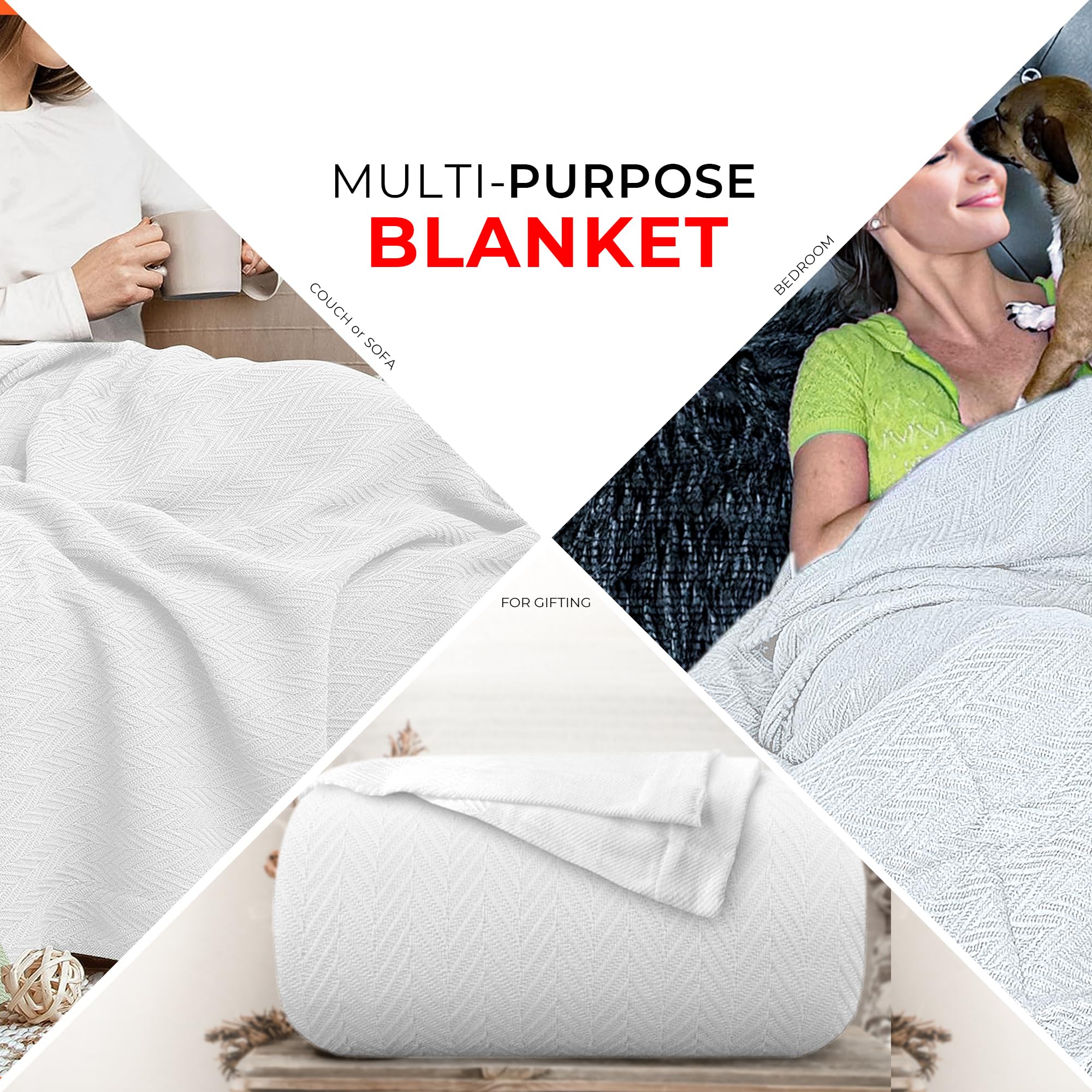 EUROTEX 100% Cotton Twin Size Blanket - All-Season Lightweight & Soft Herringbone Thermal Blanket, 350GSM, 68x92 Inches, White - Perfect for Bedroom, Dorm, Guest Room, and Cozy Fall Nights