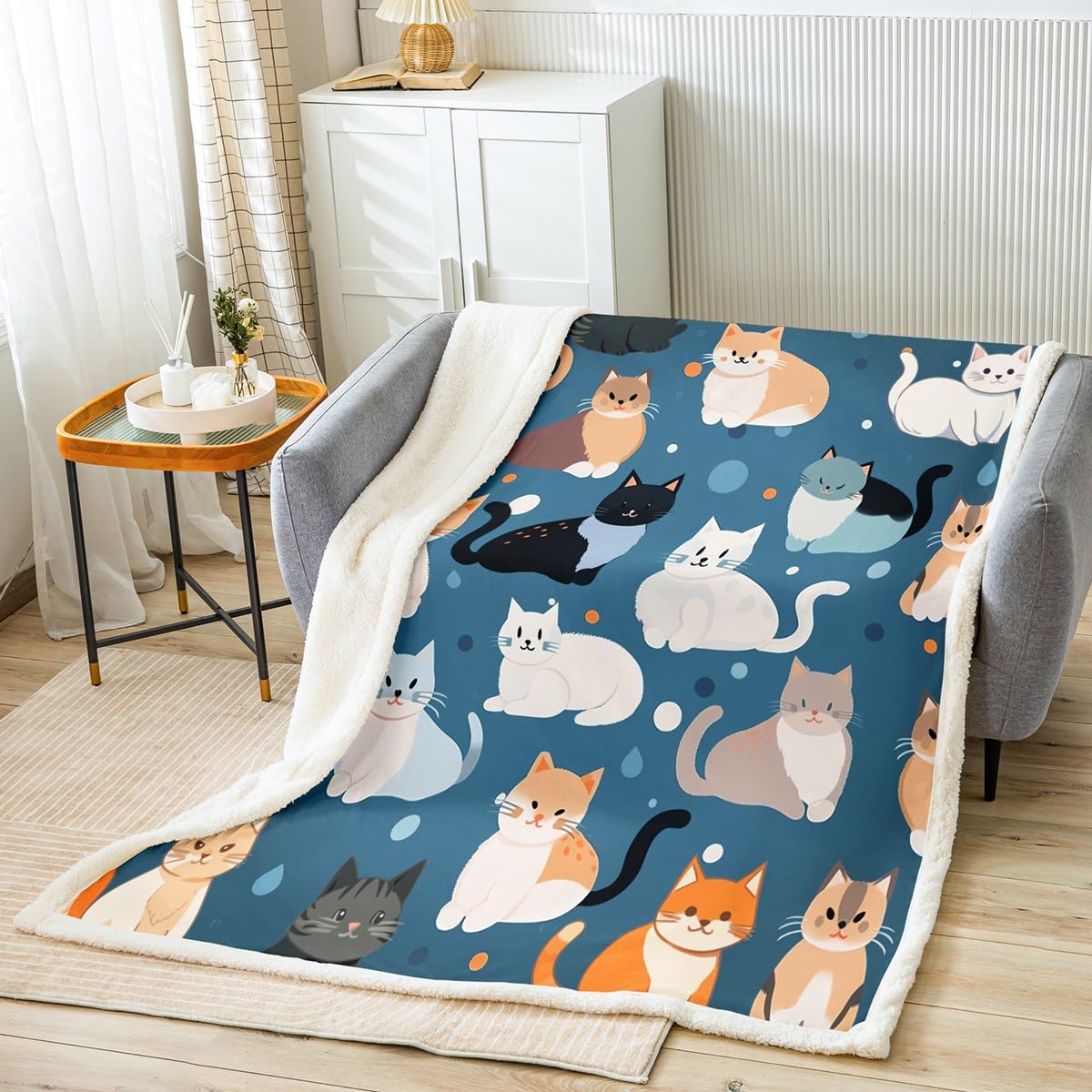 Kids Cat Sherpa Blanket - 3D Kitten Print Plush Throw for Sofa & Bed