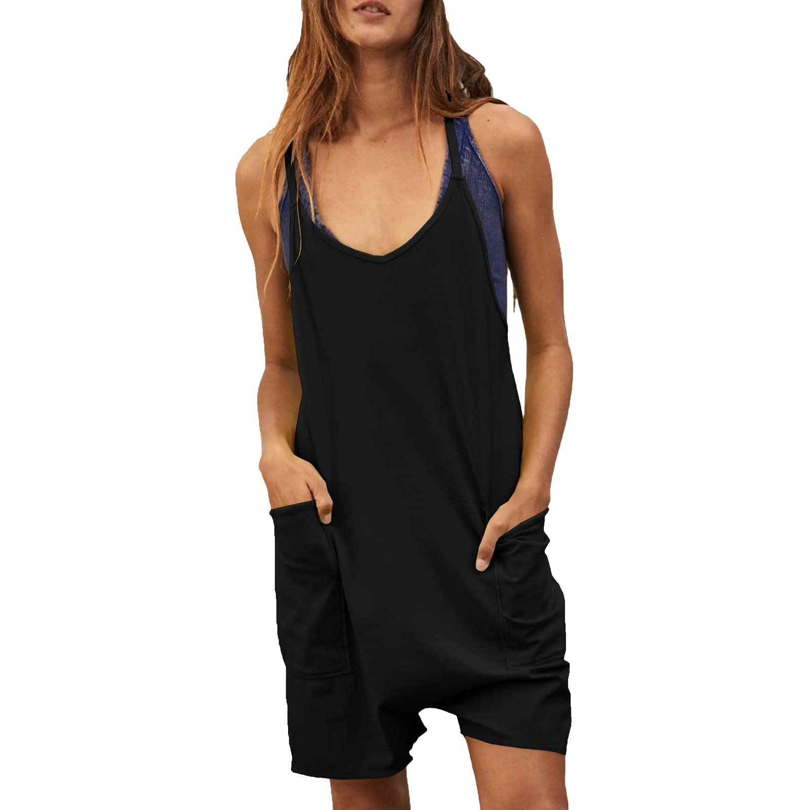 WORPBOPE Women's Sleeveless Strap Loose Plus Size Jumpsuit with Pockets - Comfortable Casual Romper for Summer, Beach, Travel & Everyday Wear