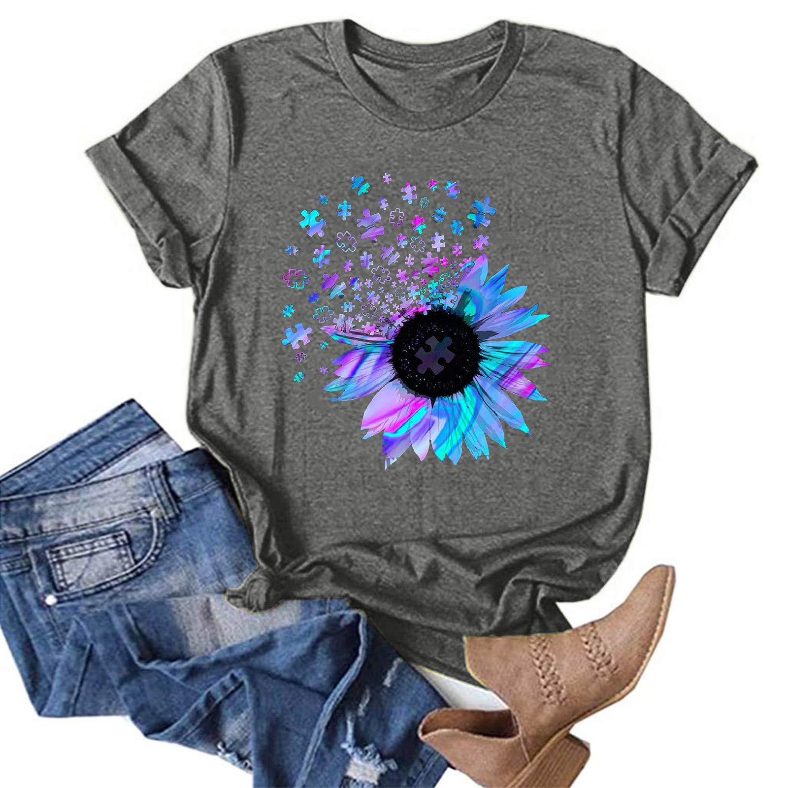 Women's Sunflower Graphic Print Funny T-Shirt - Casual Summer Tee for Women | Perfect for Beach Outings, Picnics & Everyday Wear