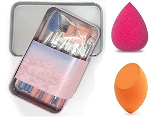Premium Aadav Fiber Bristle Makeup Brush Set with Pink Metal Case & 2 Beauty Blender Sponges - Professional Cosmetic Kit for Foundation, Contour & Eyeshadow Application - Perfect for Travel & Daily Makeup Routine