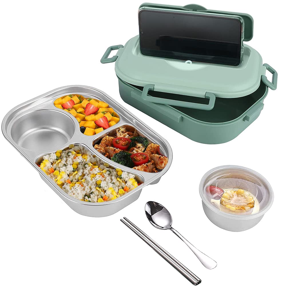 Raviga 50-oz Stainless Steel Bento Lunch Box - 4 Compartment Airtight Food Container with Lids for Kids, Students & Adults | Portable Soup Bowl & Tableware Set | Ideal for School, Office, Picnics & Meal Prep (Green)
