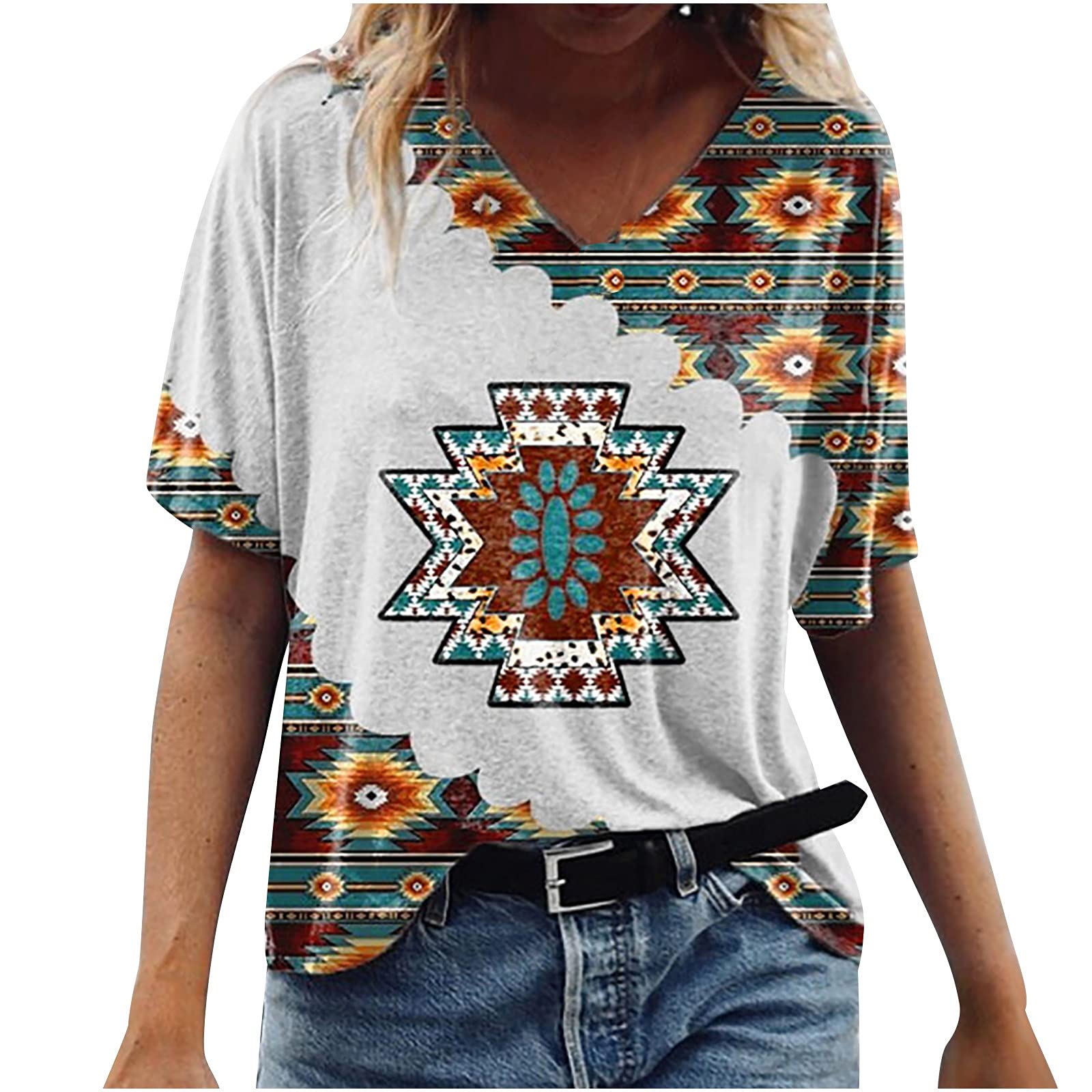 Women's Vintage Graphic V-Neck T-Shirts - Casual Loose Fit Short Sleeve Blouses for Summer | Comfortable Cotton Tees for Everyday Wear, Outings & Vacation