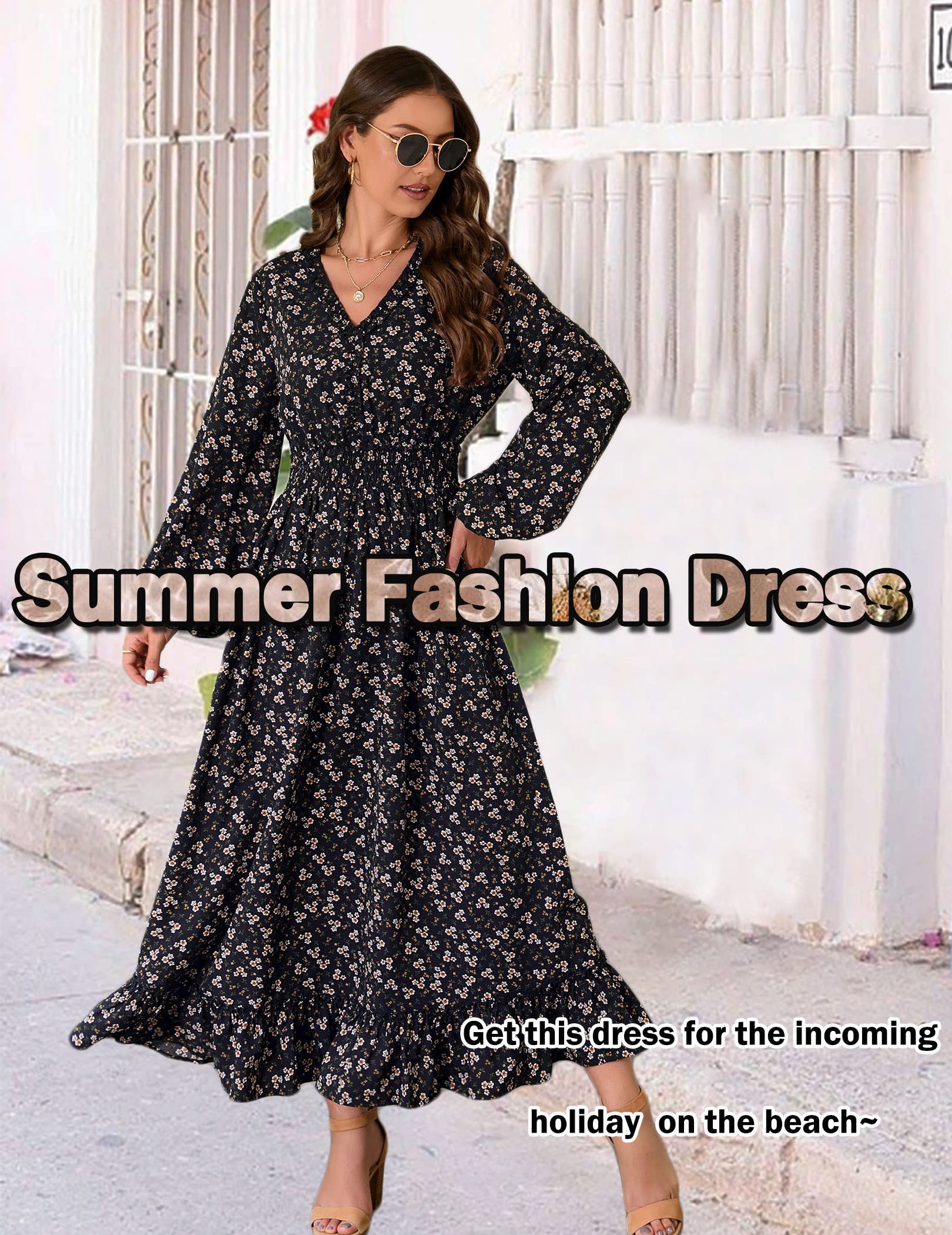 MISSKY Women's Casual V-Neck Boho Floral Print Maxi Dress - Bohemian Flowy Wedding Guest Dress for Beach, Party & Summer Vacations