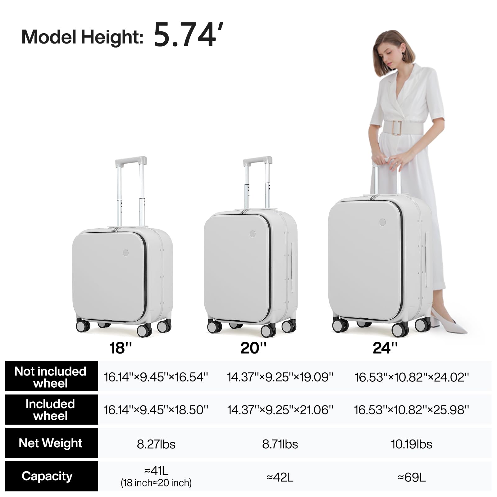 20'' Mixi Carry On Luggage with Front Laptop Pocket - Aluminum Frame Hardside Spinner Suitcase with TSA Lock & Cover - Smoke White - Perfect for Business Travel & Weekend Getaways