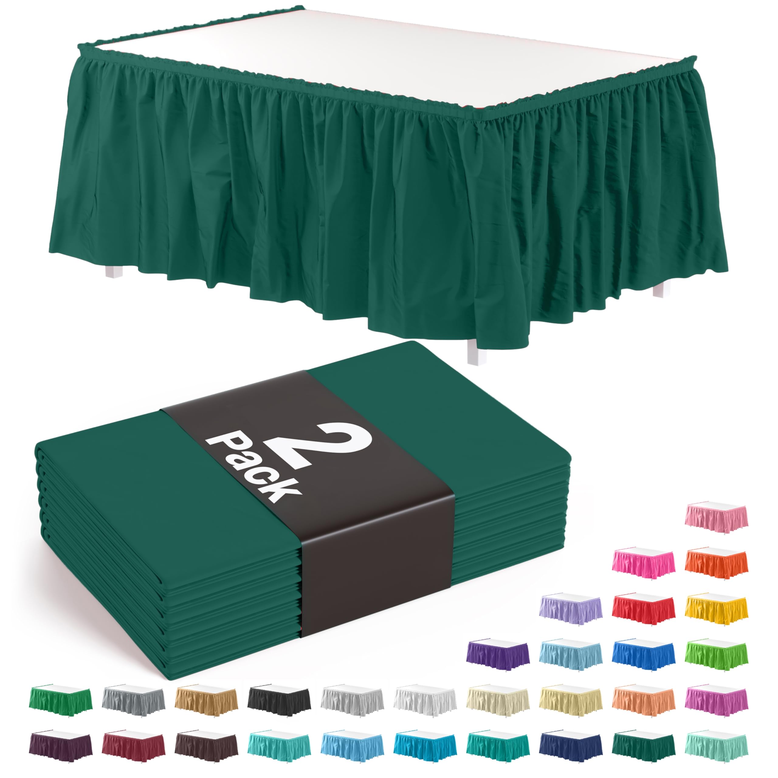 Exquisite Dark Green Ruffle Table Skirt 2 Pack - 14 Ft Long Table Cover for Rectangle & Round Tables (6ft+) with Adhesive Strip - Perfect for Gender Reveal Decor, Birthday Parties, Baby Showers & Wedding Receptions