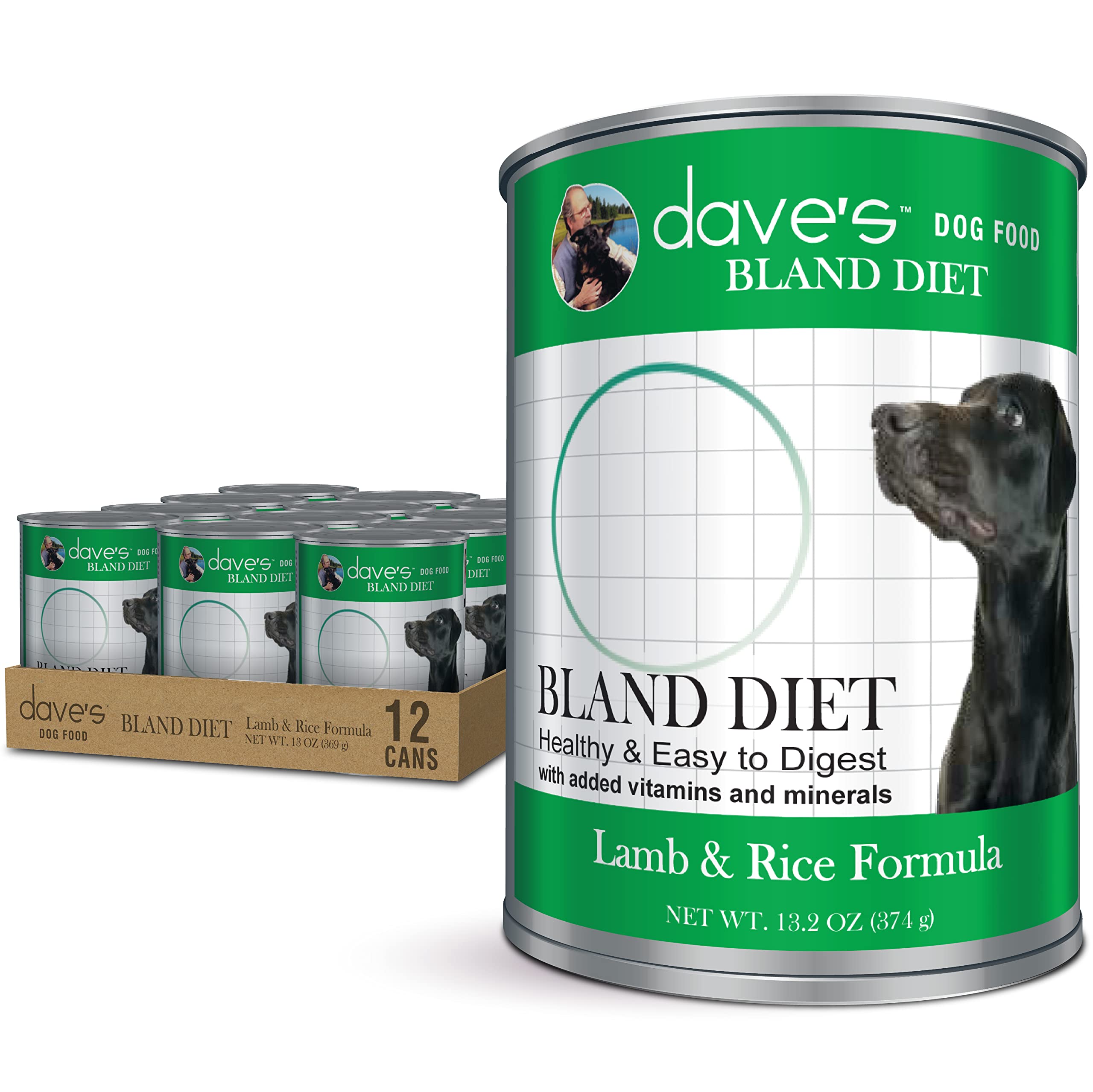 Dave's Pet Food Bland Dog Food (Lamb & Rice) - Sensitive Stomach Wet Dog Food for Digestive Care, Gluten-Free Canned Dog Food, 13.2 oz (Pack of 12) - Perfect for Dogs with Food Allergies & Upset Stomachs at Home or Travel