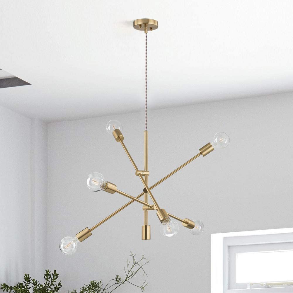 Modern Sputnik Chandelier - 6-Light Brushed Brass Pendant Lighting Fixture for Dining Room, Kitchen, Living Room | Contemporary Ceiling Lamp for Home & Restaurant Decor