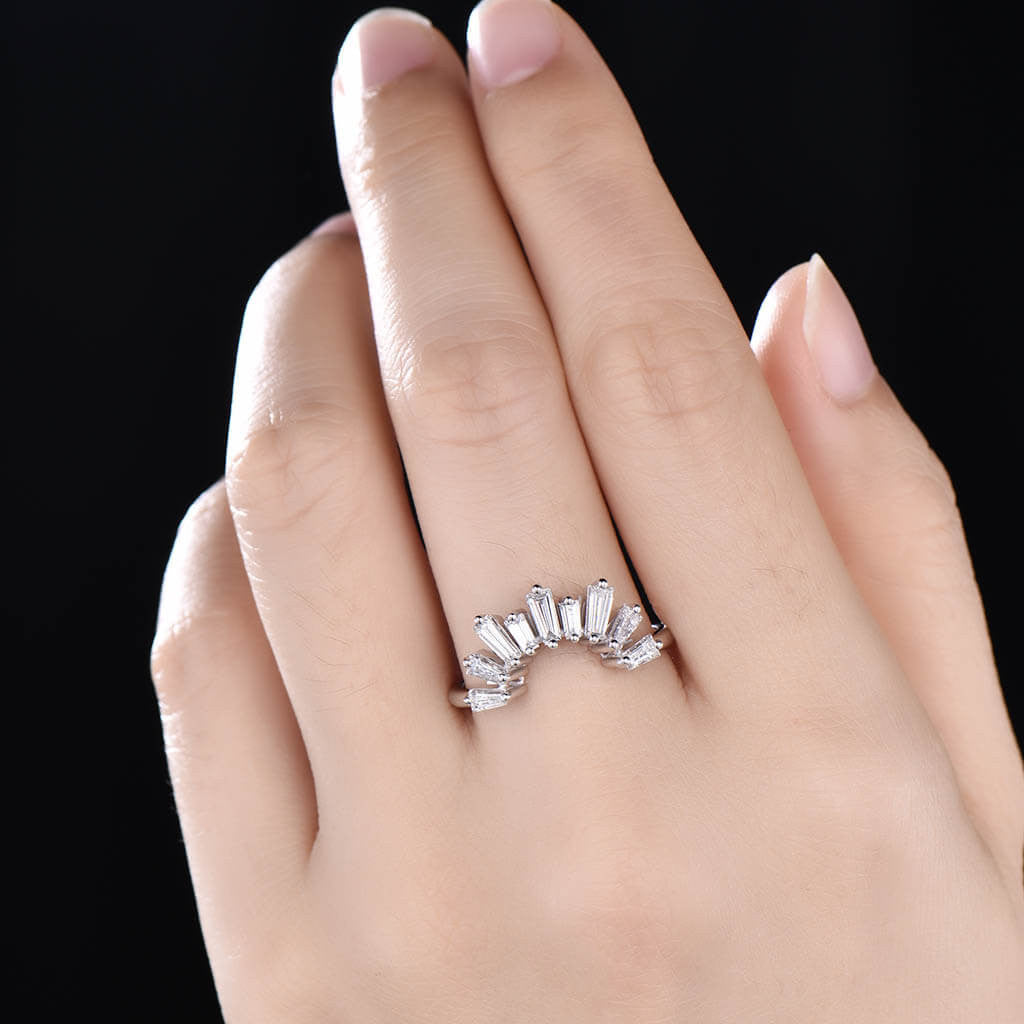 Exquisite Moissanite & Diamond Wedding Band for Women - Curved White Gold Stacking Ring, Half Eternity Design - Perfect for Bridal Jewelry, Anniversary Gifts & Stackable Ring Collections