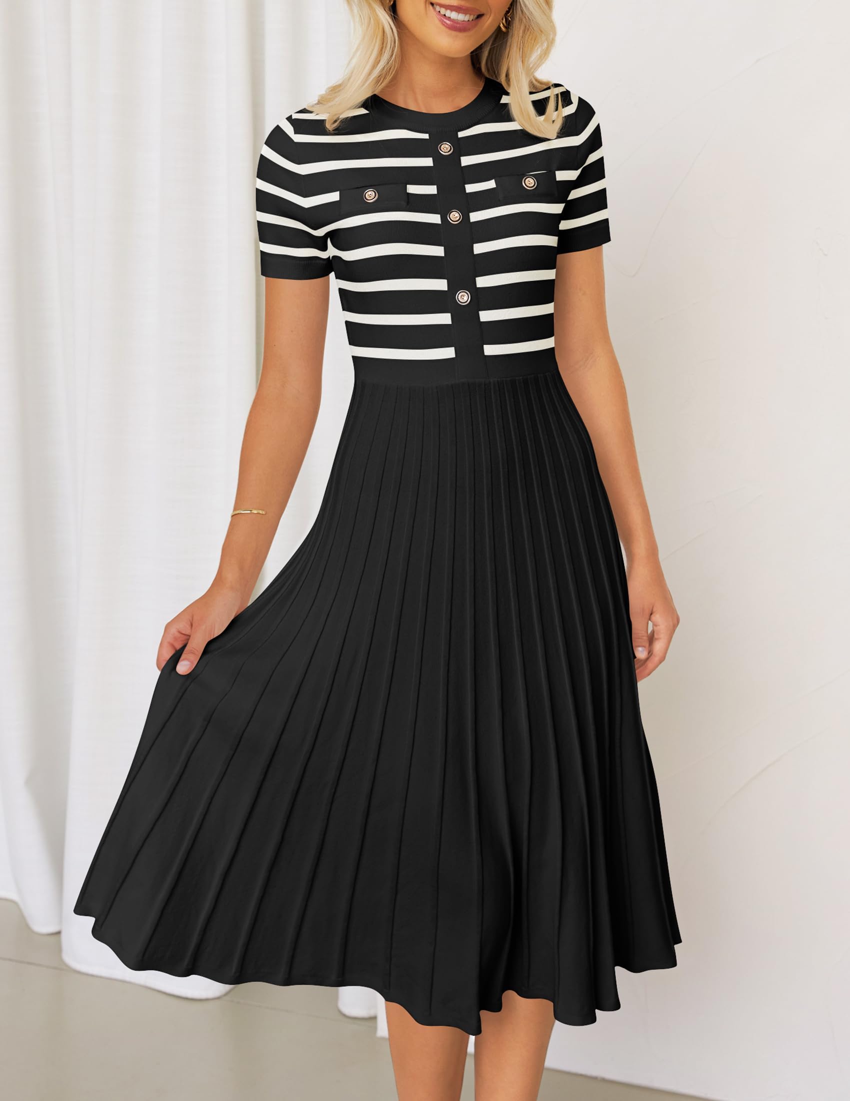 ZESICA Women's Casual Striped Midi Dress - Crewneck Short Sleeve Button Down Ribbed Knit Swing Pleated A-Line Dress for Spring Summer Office Work & Weekend Outings