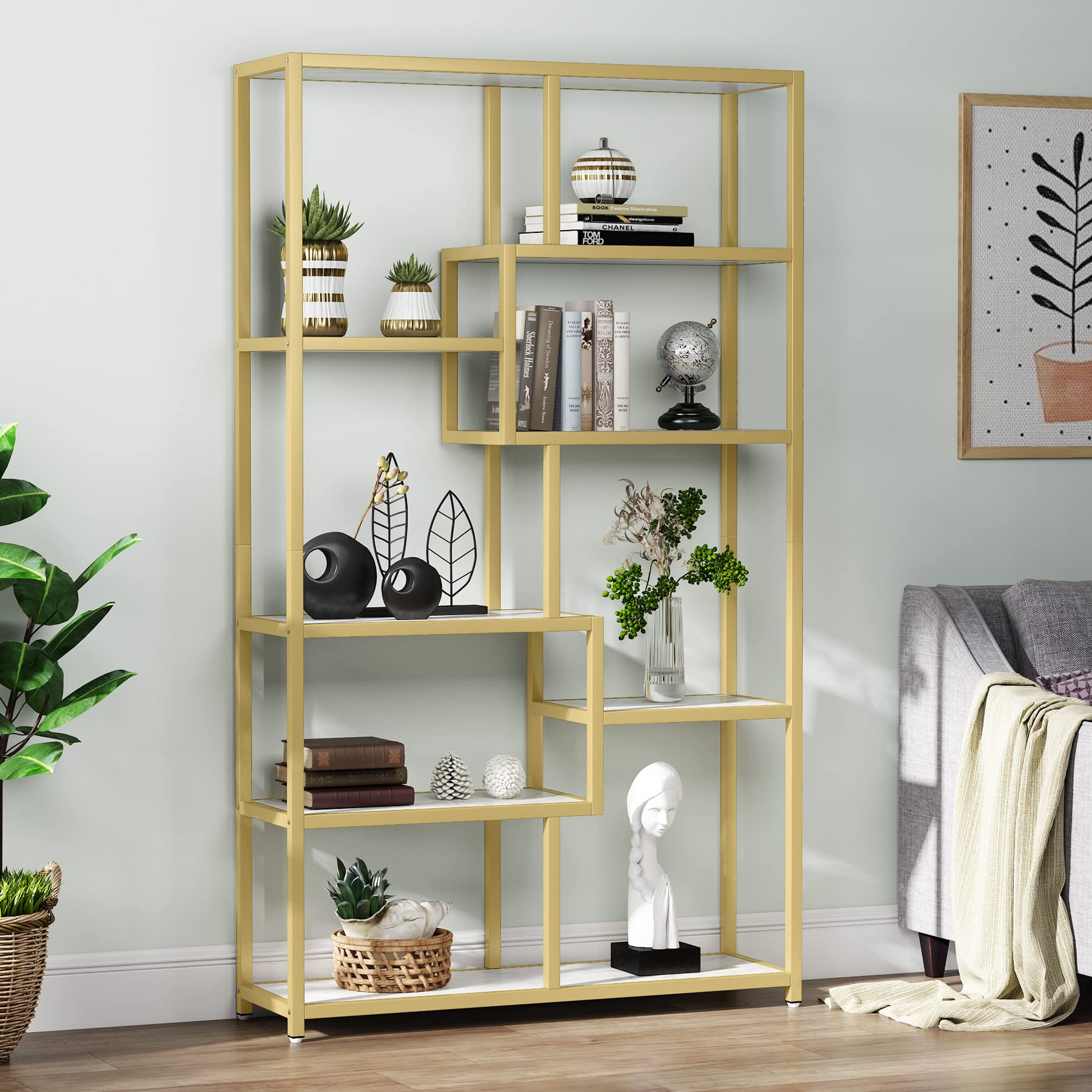 Tribesigns 8-Tier Gold Bookcase with Faux Marble - Modern Open Shelf Book Shelf for Home Office, Living Room & Bedroom - Stylish Storage Organizer for Books, Decor & Display Items
