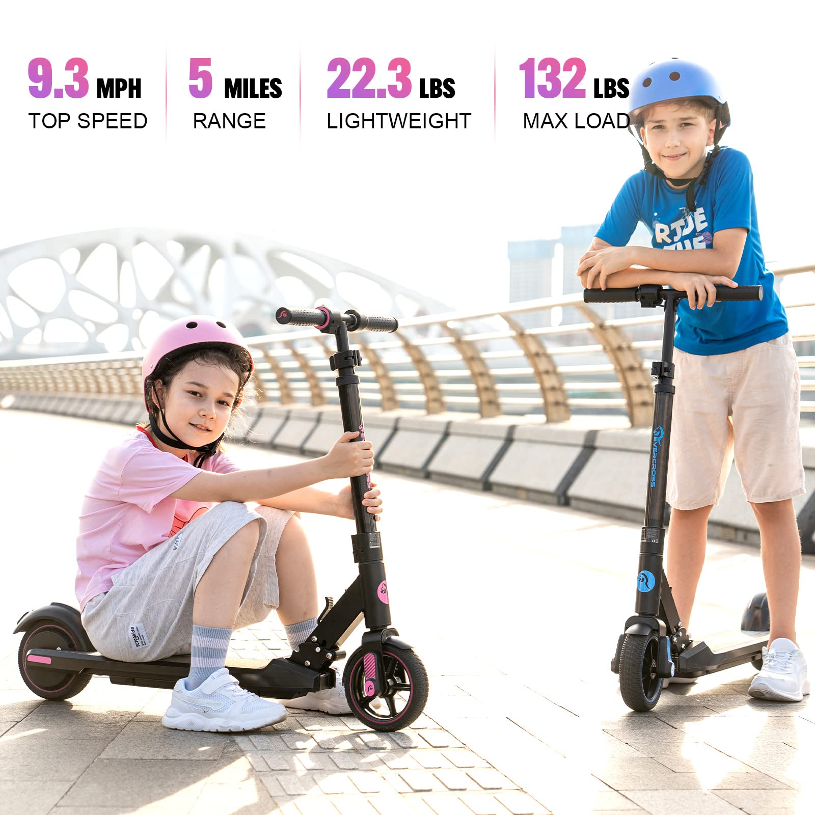 EVERCROSS EV06C Foldable Electric Scooter for Kids Ages 6-12 - 9.3 MPH Max Speed, 5 Mile Range, LED Display & Colorful Lights - Lightweight Commuter Scooter for School, Park & Neighborhood Rides