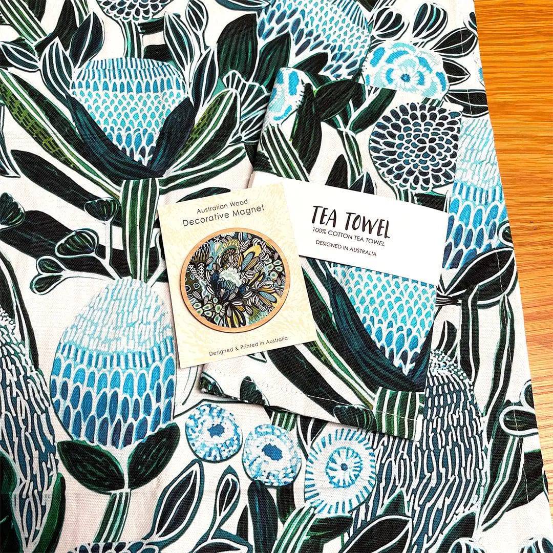 Premium Blue Banksia Tea Towel & Wooden Fridge Magnet Set - Elegant Home Decor Gift for Kitchen, Housewarming & Hostess - Perfect for Farmhouse & Coastal Style Homes