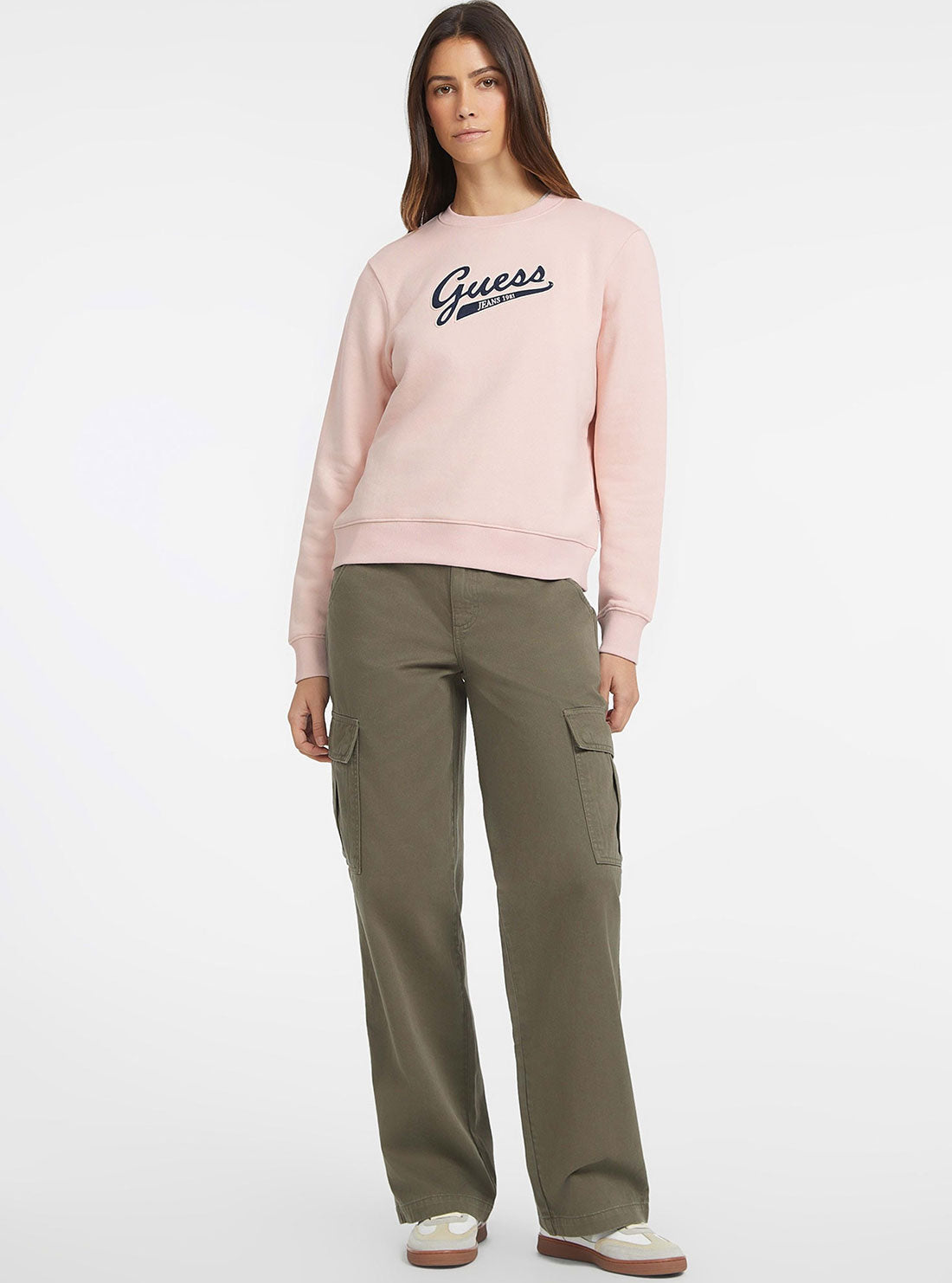 Guess Women's Pink Script Logo Sweater Jumper - Casual Pullover for Everyday Wear & Outfits
