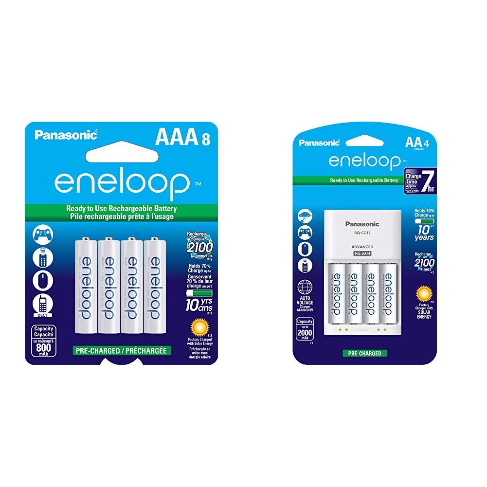 Panasonic BK-4MCCA8BA eneloop AAA 2100 Cycle Ni-MH Pre-Charged Rechargeable Batteries (8-Pack) with Advanced Individual Cell Charger & 4 AA eneloop Batteries - Perfect for Cameras, Flashlights, Toys, and Electronic Devices