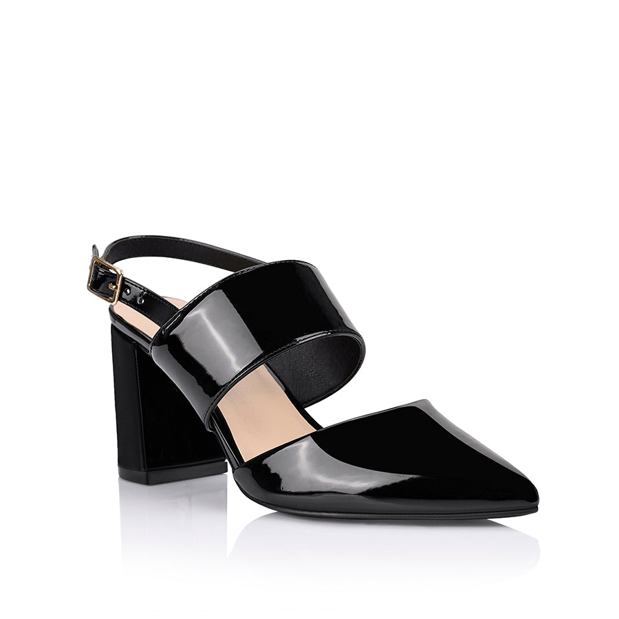 Ena Women's Closed Toe Block Heels - Black Patent Leather Pumps for Work, Office & Formal Occasions