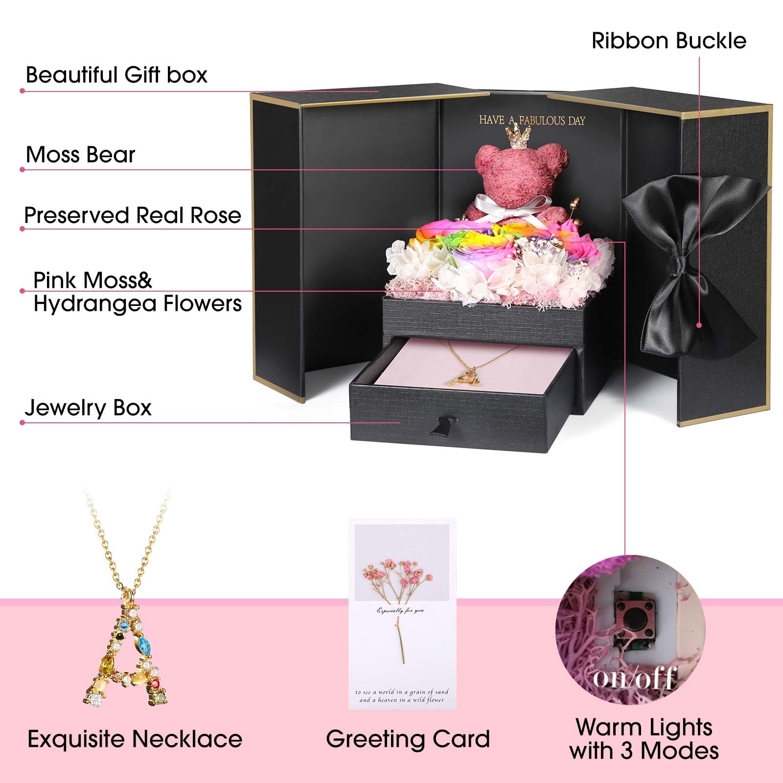 ADDWel Preserved Rose Gift Box for Women - Eternal Roses with Personalized Initial Necklace, Birthday Anniversary Present for Her, Mom, Girlfriend, Wife, Sister - Romantic Home Decor & Keepsake Gift for Valentine's Day, Wedding, Mother's Day