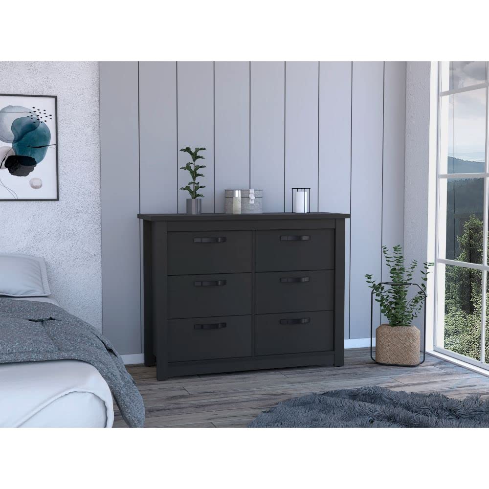 Galena Six Drawer Double Dresser - Black Wooden Dresser with Metal Hardware & Countertop - Bedroom Storage Furniture for Clothes & Accessories - Perfect for Master Bedroom, Guest Room & Dorm Organization