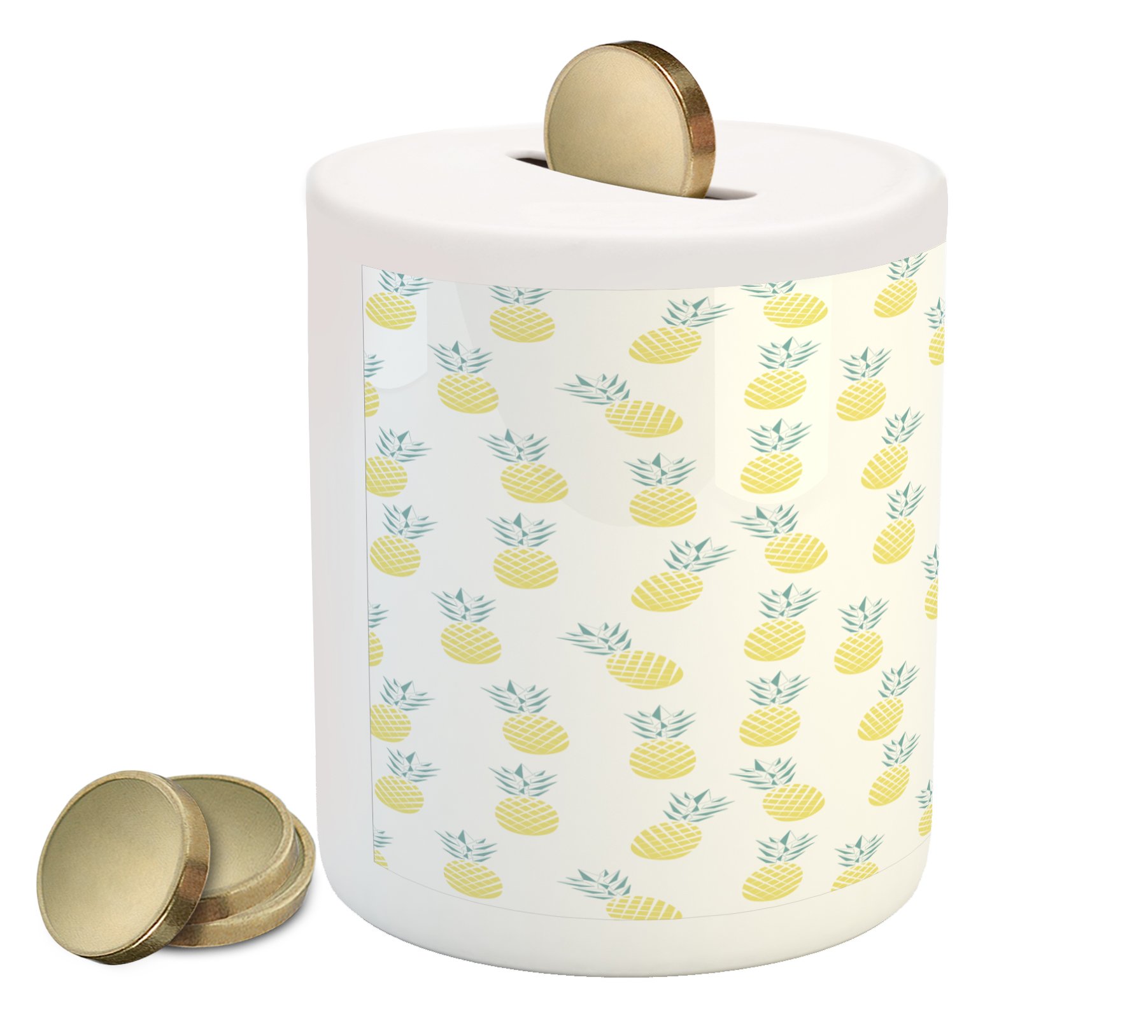 Ambesonne Exotic Pineapple Piggy Bank - Hawaiian Fruit Rhombus Pattern Ceramic Coin Bank for Cash Savings (Pale Yellow & Green) | Perfect for Kids Savings, Home Decor & Tropical Theme Gifts