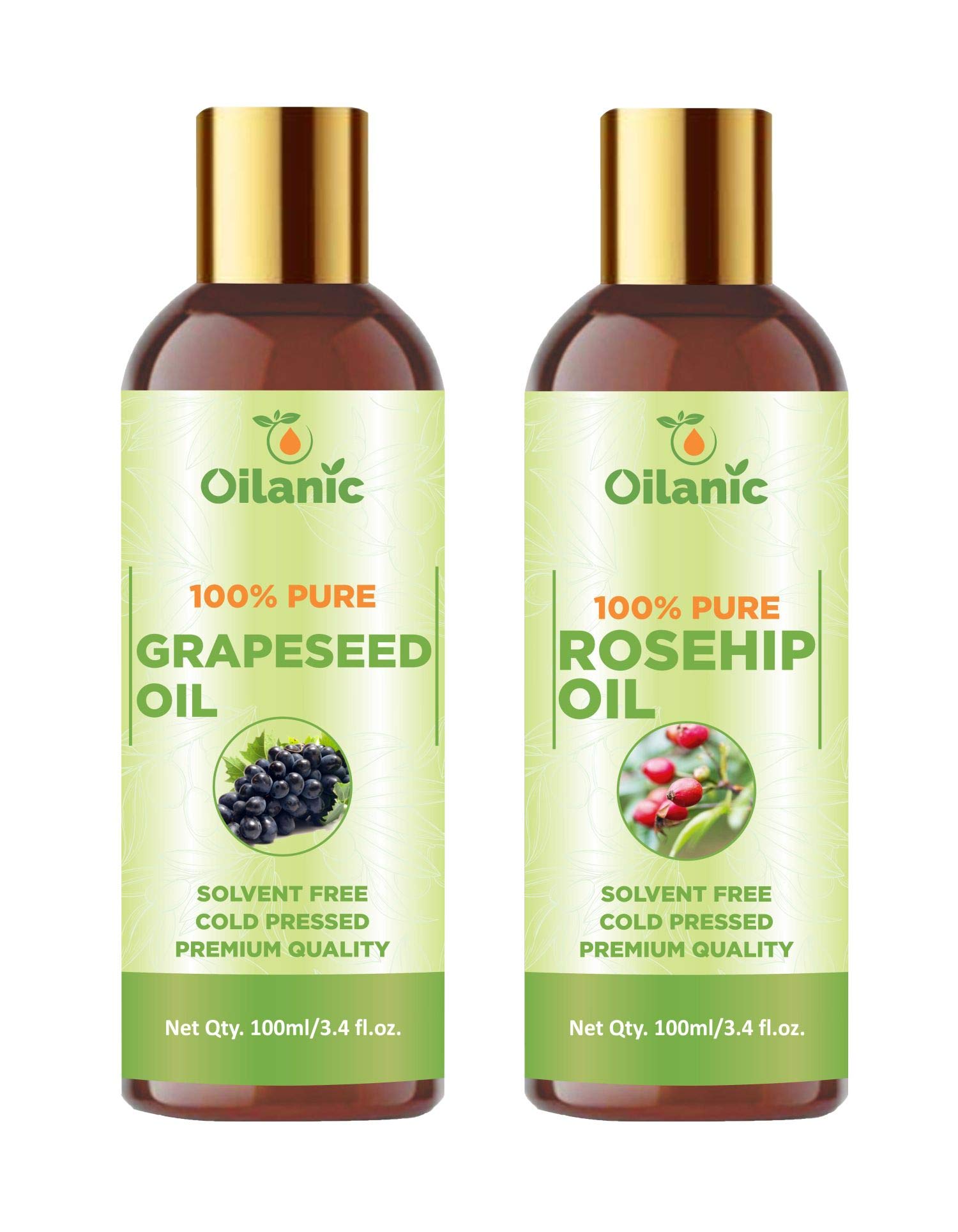 Oilanic 100% Pure & Natural Grapeseed Oil & Rosehip Oil Combo - 2 Bottles (100ml Each, 200ml Total) for Skin Care, Hair Growth & Anti-Aging