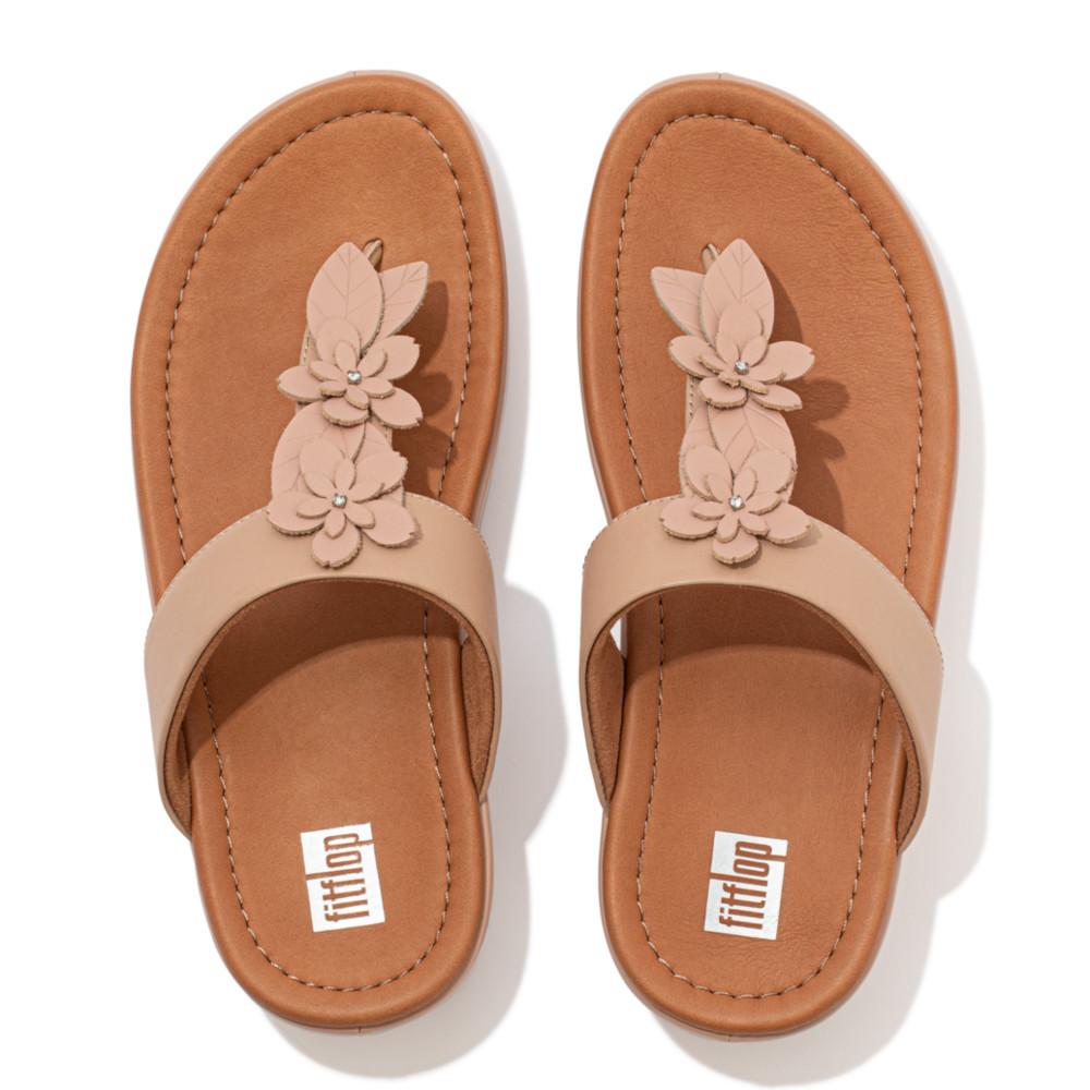 FitFlop Fino Sleek Floral Sandals for Women - Comfortable Beige Summer Walking Shoes | Perfect for Beach, Vacation & Casual Outfits