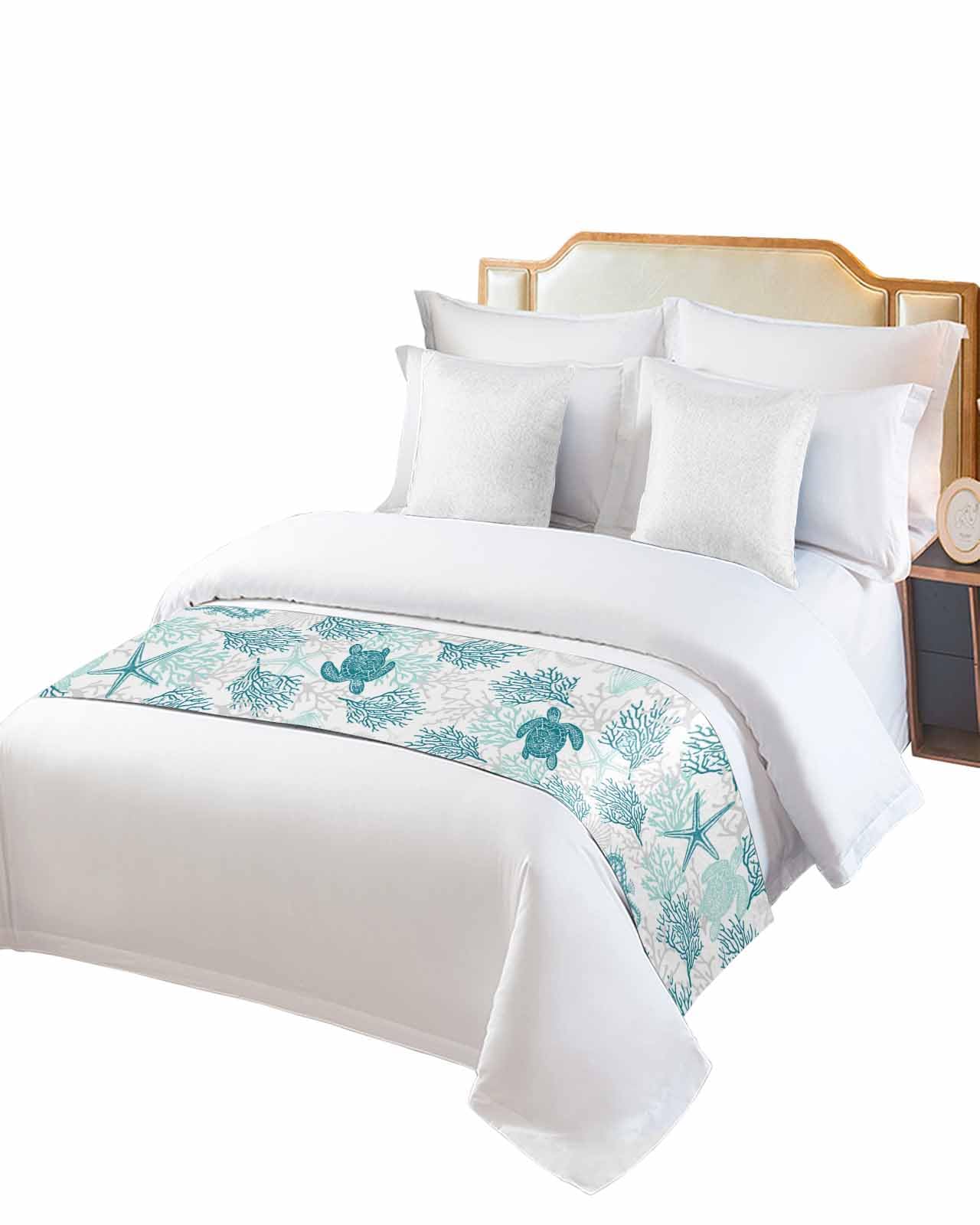 Turquoise Coastal Bed Runner for Full/Queen Size Bed - 83x20 Inch Nautical Sea Turtle Design Bedspread Protector, Slipcover & Bed Scarf - Perfect for Beach House, Hotel Rooms, Wedding Decor & Summer Bedroom Styling