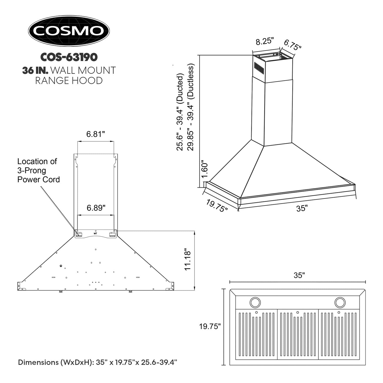 COSMO COS-63190 36-Inch Stainless Steel Wall Mount Range Hood - 380 CFM Ducted Ventilation with LED Lights & Button Controls | Perfect for Modern Kitchens & Open-Concept Homes