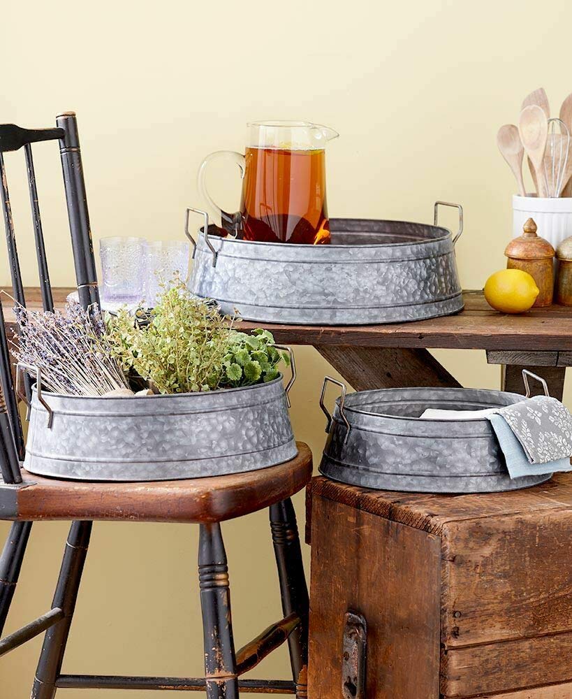 3-Piece Galvanized Metal Serving Tray Set - Rustic Farmhouse Style Buckets for Dining, Kitchen & Party Decor