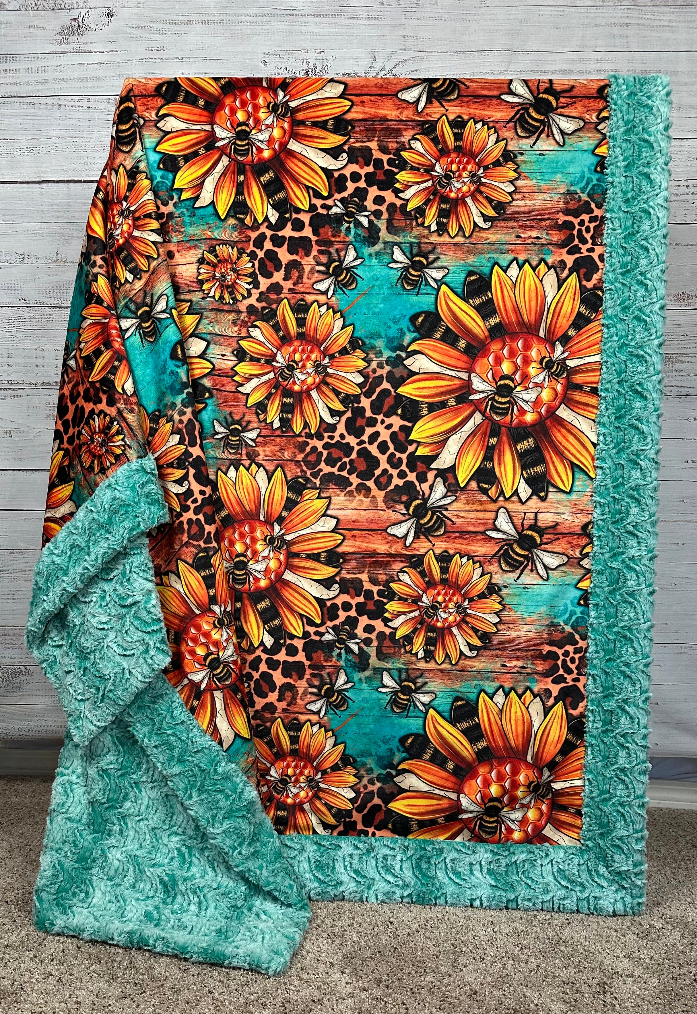 Premium Western Sunflower Bumble Bees Design on Seafoam Green Luxe Large Minky Blanket 55x79 Inches - Soft Cozy Throw for Bedroom, Couch & Outdoor Picnics