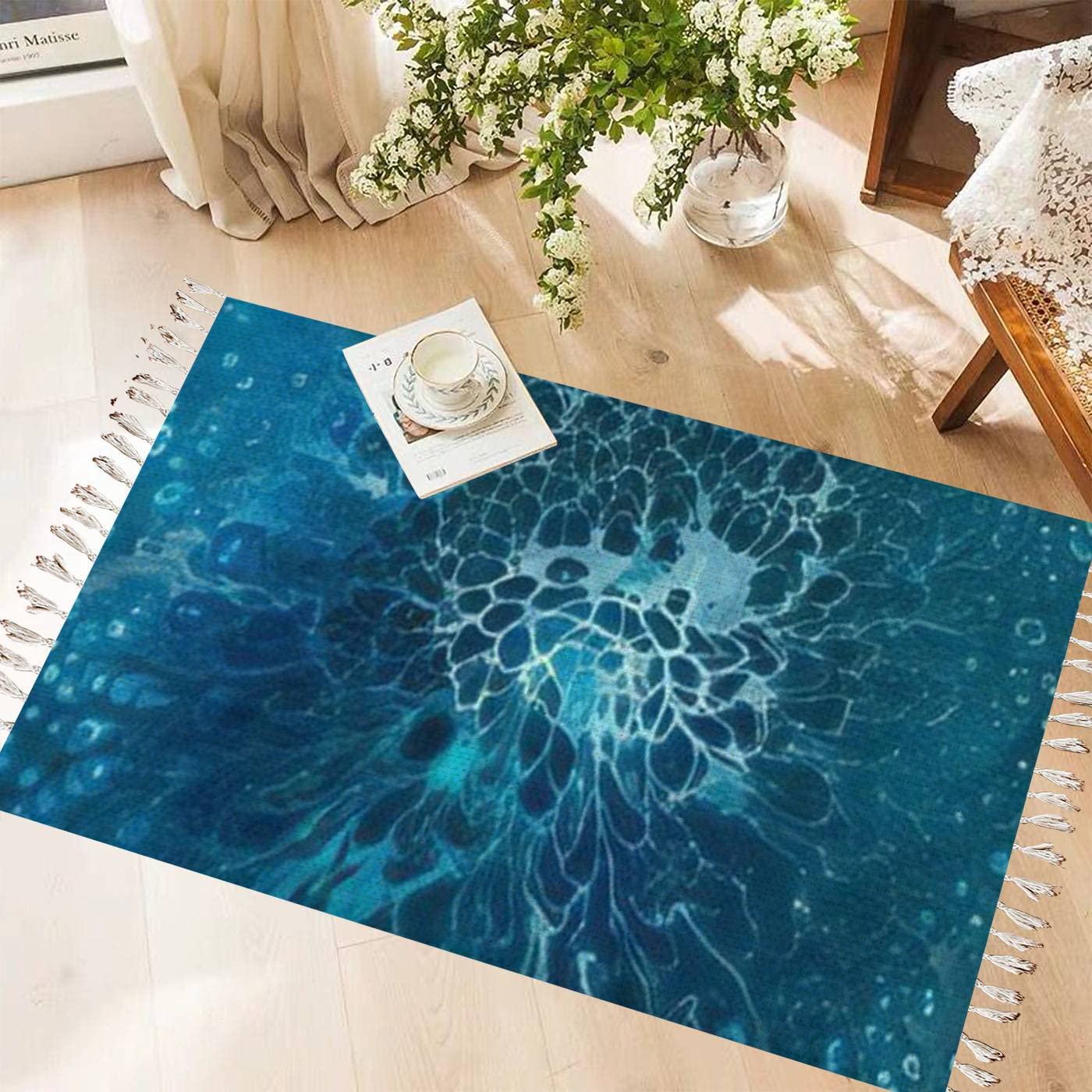 Vintage Cotton Linen Tassel Rug - Abstract Blue Marble Fluid Design, Washable Bohemian Area Rug for Living Room, Bedroom, Kitchen & Bathroom Decor | Non-Slip Woven Runner Mat for Indoor & Outdoor Use