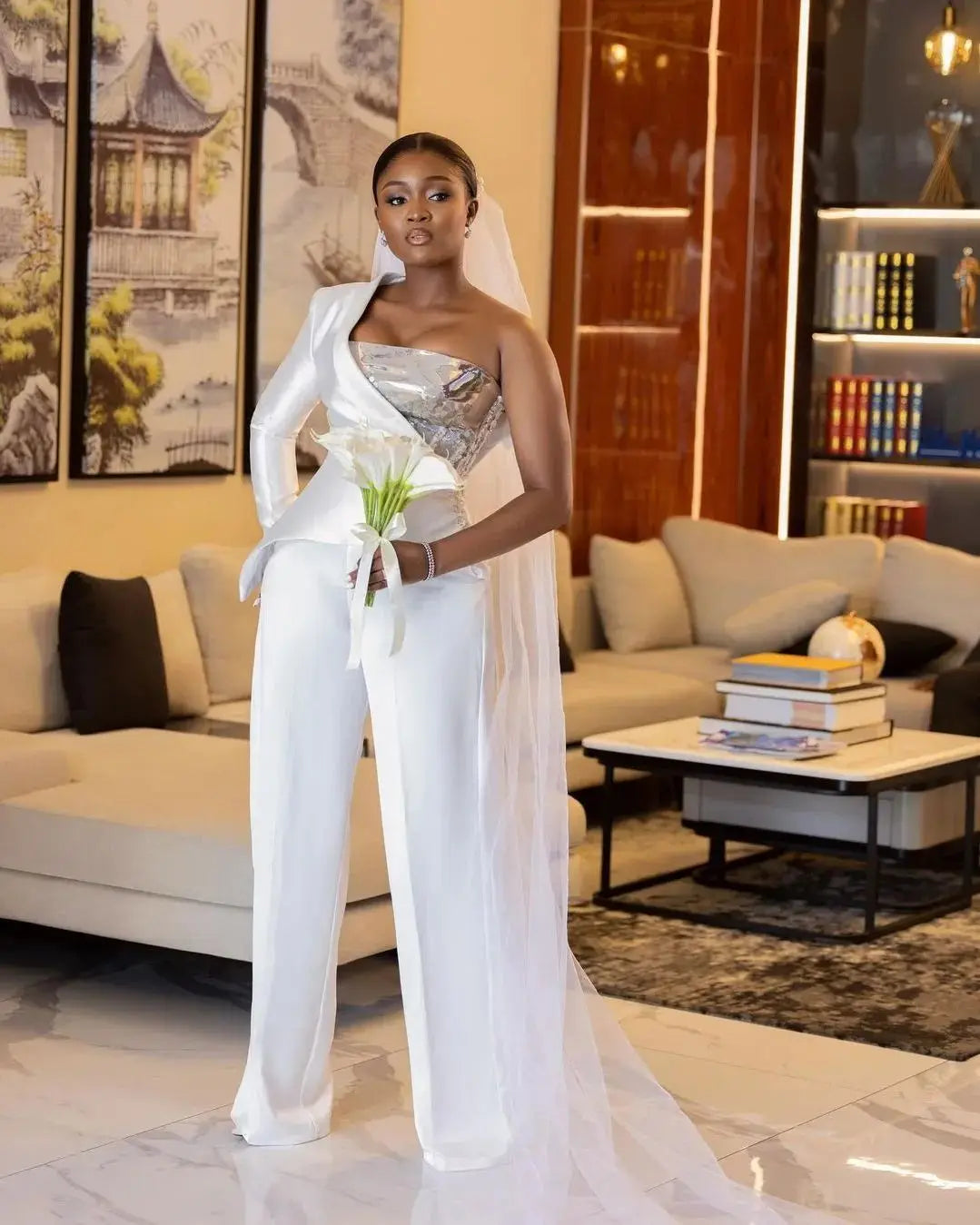 Elegant White One Shoulder Strapless Plus Size Wedding Jumpsuit Bridal Gown for Women - Perfect for Beach Weddings, Bridal Showers & Formal Events