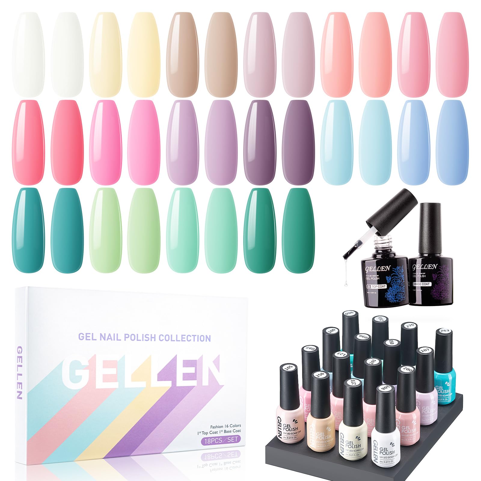 Gellen 16 Colors Gel Nail Polish Set - Pastel UV Gel Polish Kit with Base & Top Coat for Long-Lasting Manicure | Perfect for Home Nail Art, Salon Use & DIY Gel Nails