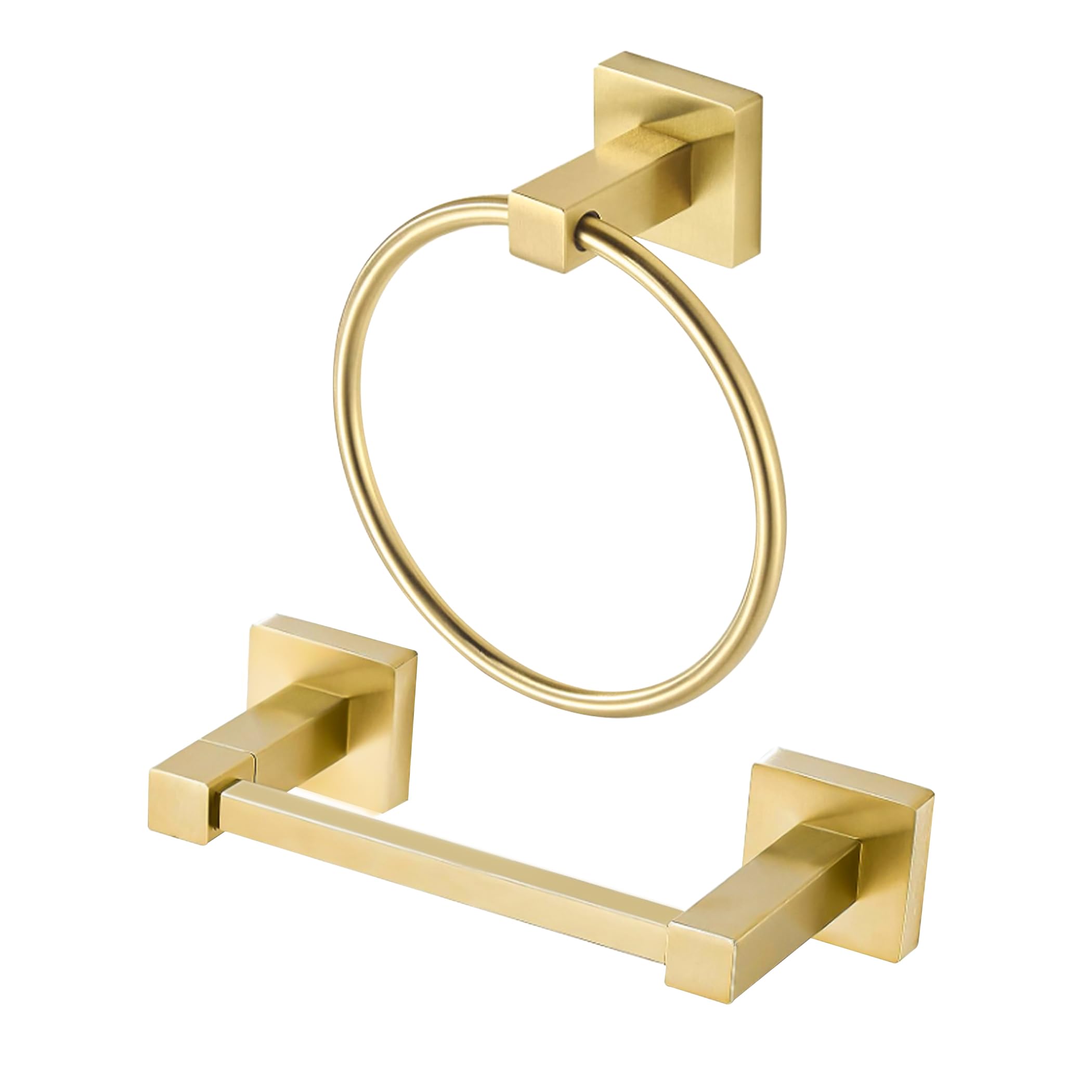 Modern Brushed Gold Toilet Paper Holder & Towel Ring Set - Wall Mounted Bathroom Tissue & Towel Holder with Double Post - Square Design 2-Piece Set - Perfect for Bathroom, Powder Room & Guest Toilet Decor
