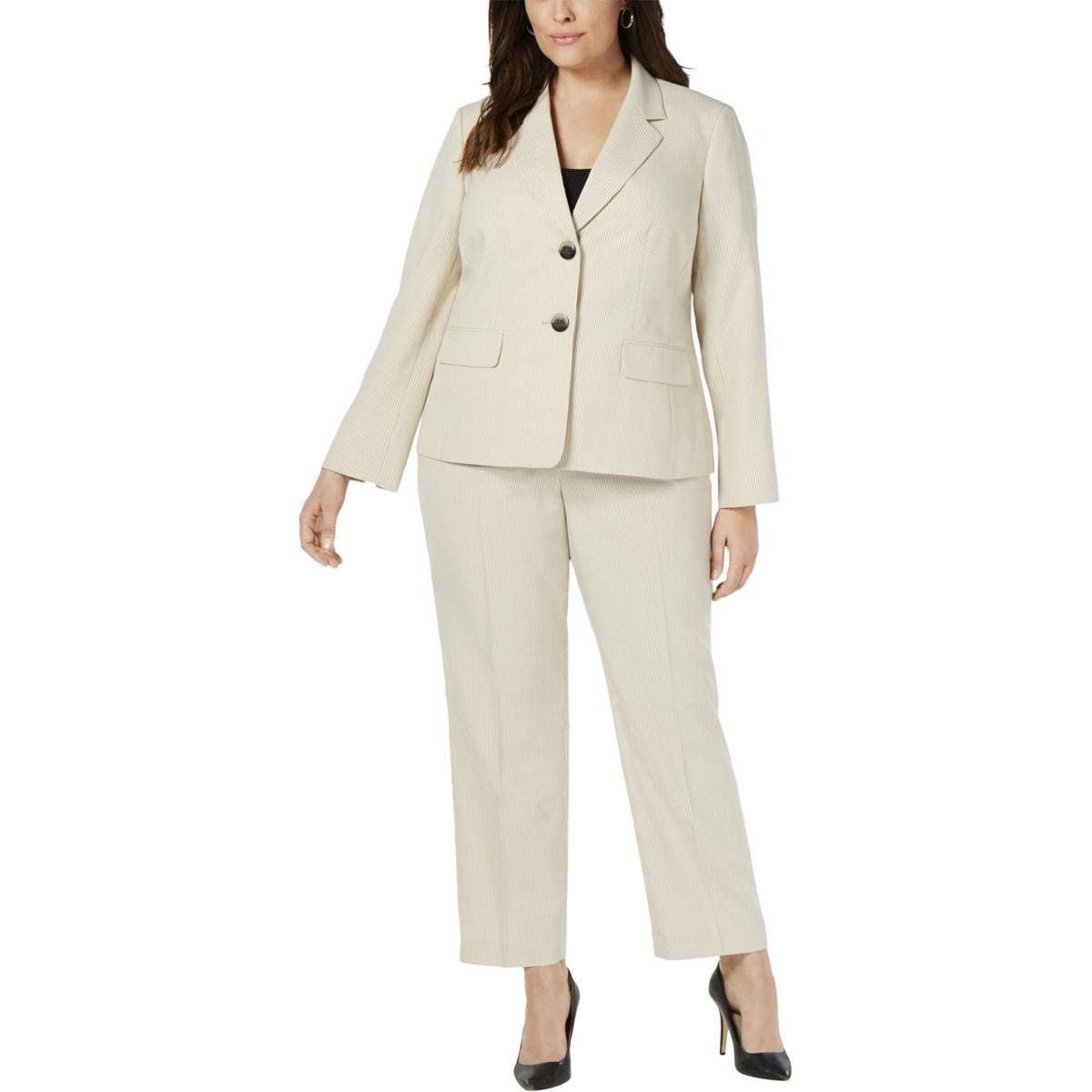 Le Suit Women's Plus Size 2-Button Notch Collar Mini Stripe Pant Suit - Professional Office Wear & Business Attire for Work & Formal Events