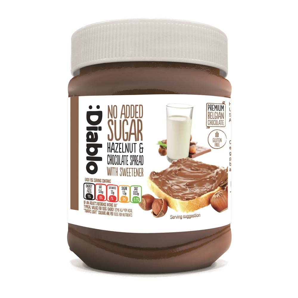 Diablo Hazelnut Chocolate Spread - No Added Sugar, Gluten Free, Healthy Nutella Alternative - Natural Chocolate Hazelnut Butter for Bread, Toast, Pancakes & Desserts - 350g Jar - Perfect for Breakfast, Snacks & Gift Giving