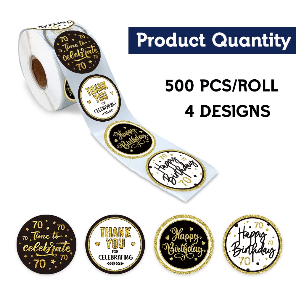 REWIDPARTY 70th Birthday Stickers - 500 Adhesive Round Thank You Stickers for 70th Birthday Party Decorations, Anniversary Favors & Celebration Supplies - Perfect for Cake Toppers, Gift Wrapping & Scrapbooking