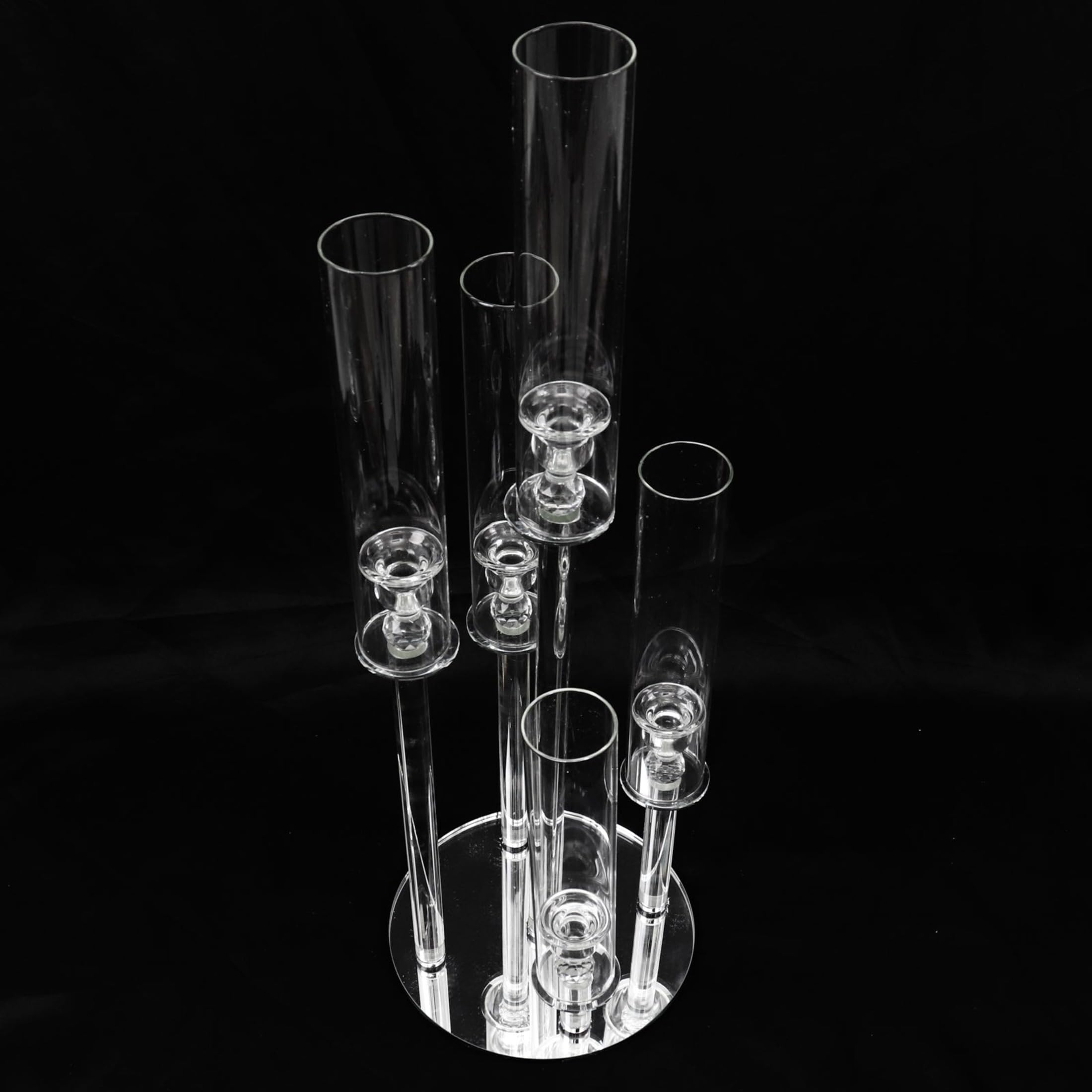 32 Inch Clear 5-Arm Round Crystal Glass Candelabra Taper Candle Holder - Elegant Wedding Centerpiece, Party Reception Decor, Home Dining Table Decoration for Romantic Ambiance & Special Occasions