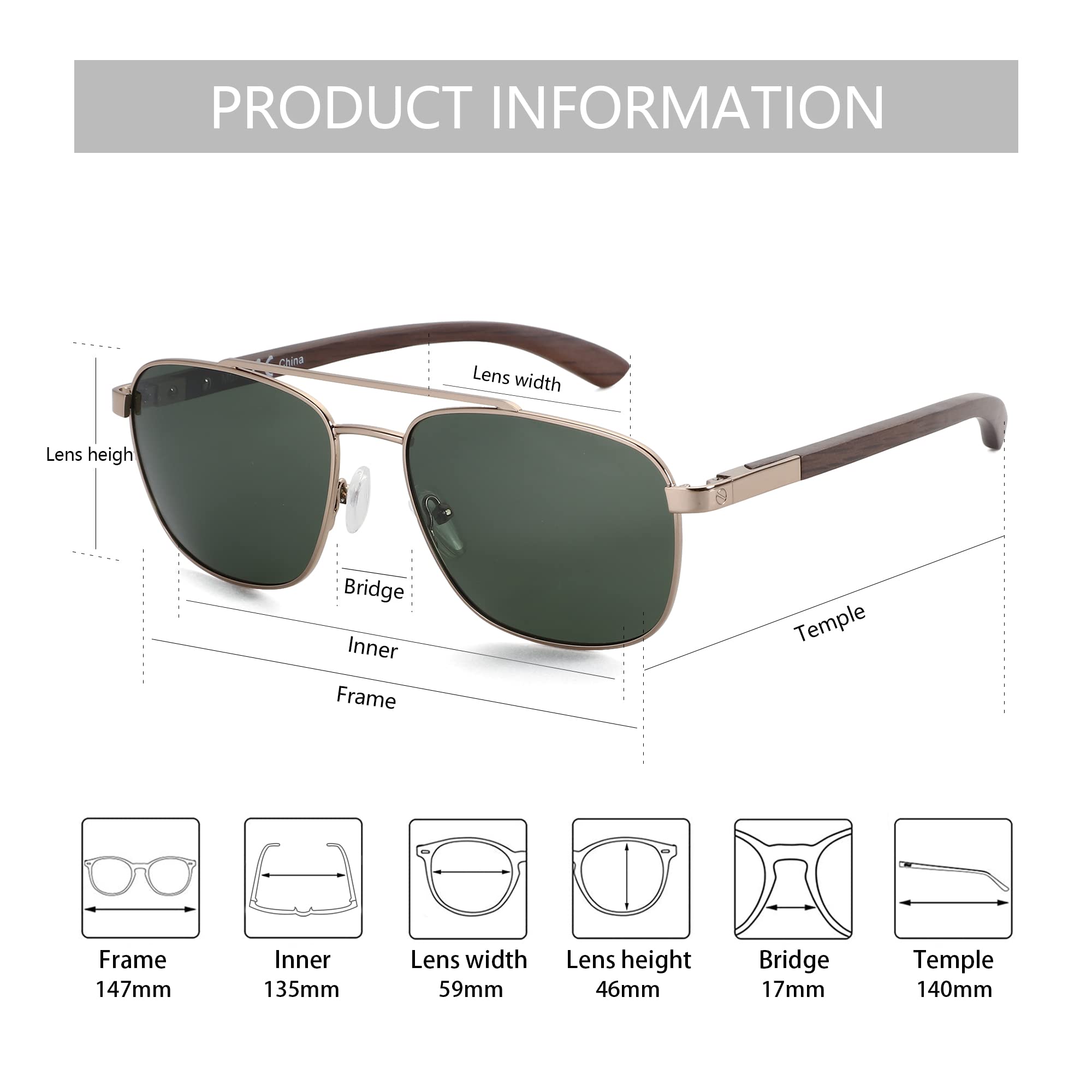 ZENOTTIC Polarized Aviator Sunglasses for Men - 100% UV Protection, Wood Frame - Perfect for Fishing, Driving, Golf & Outdoor Activities