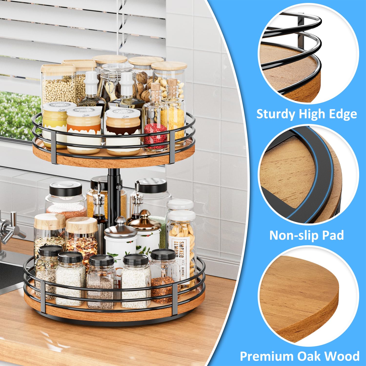 OVICAR 2-Tier Wooden Lazy Susan Turntable Organizer - 12 Inch Adjustable Rotating Spice Rack for Kitchen Countertop, Cabinet, Pantry, Coffee Bar & Bathroom Storage | Perfect for Organizing Spices, Makeup, or Office Supplies