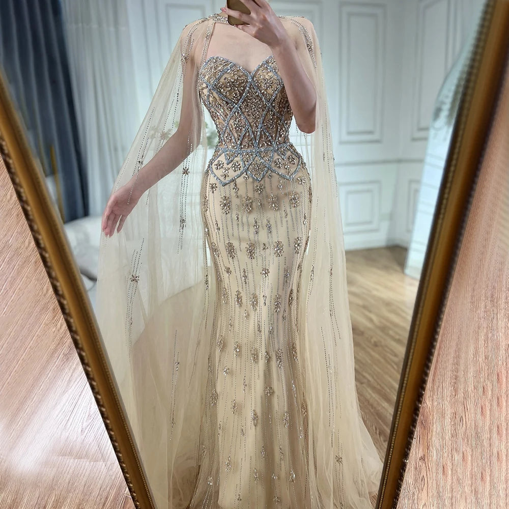 Luxury Dubai Nude Saudi Evening Gown with Detachable Cape Sleeves - Mermaid Beaded Formal Dress for Wedding, Prom, Gala & Special Occasions LA72716