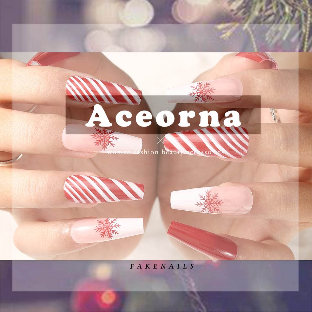 24PCS Red Long Press on Nails - Glossy Christmas Fake Nails with Black Coffin Snowflake Design, Full Cover Acrylic False Nails for Women & Girls | Perfect for Holiday Parties, Gift Giving & Winter Nail Art (Type A)
